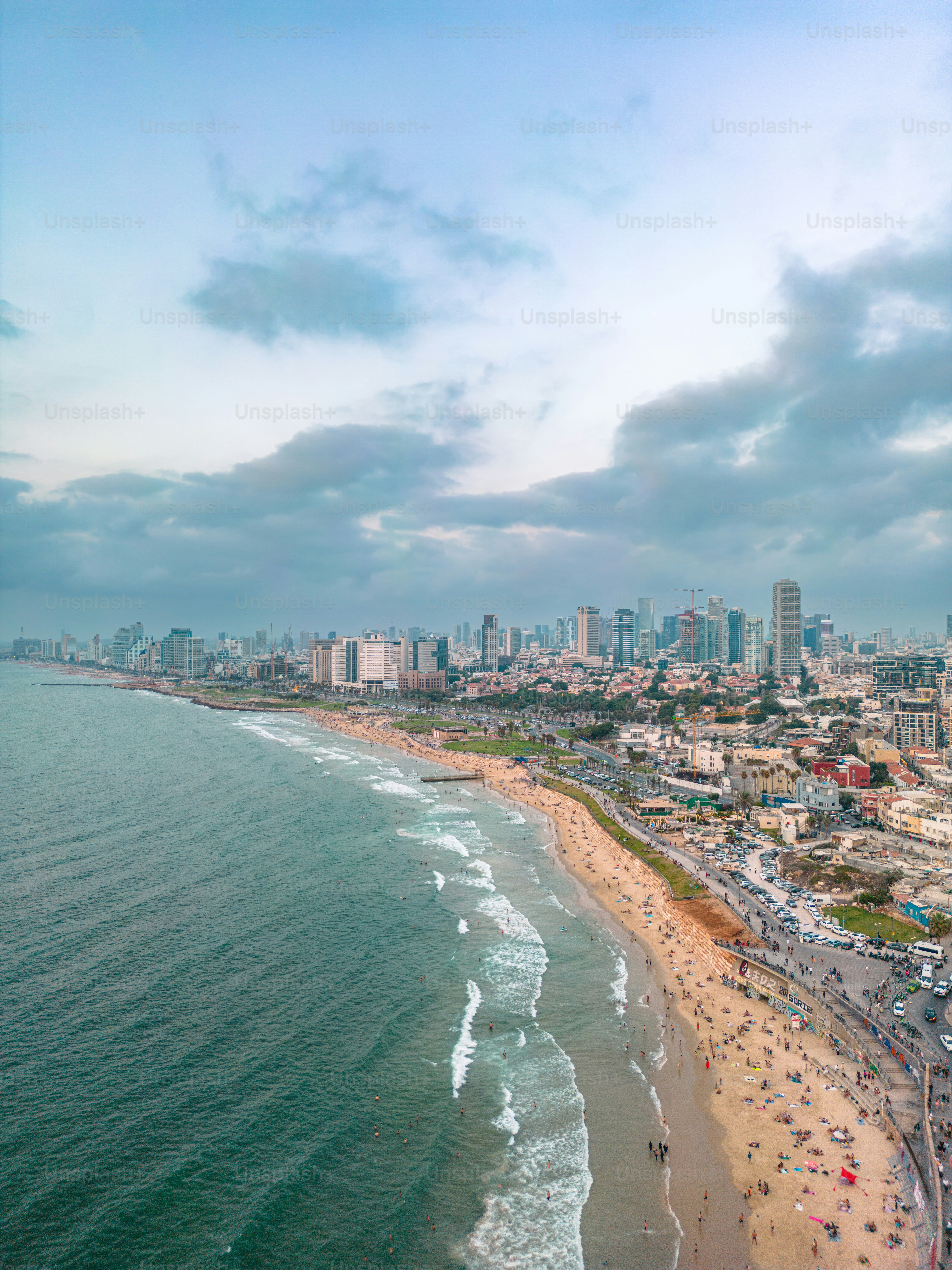 Aerial panoramic photo of the waterfront of Tel Aviv - Yafo  at afternoon and dusk in summer
