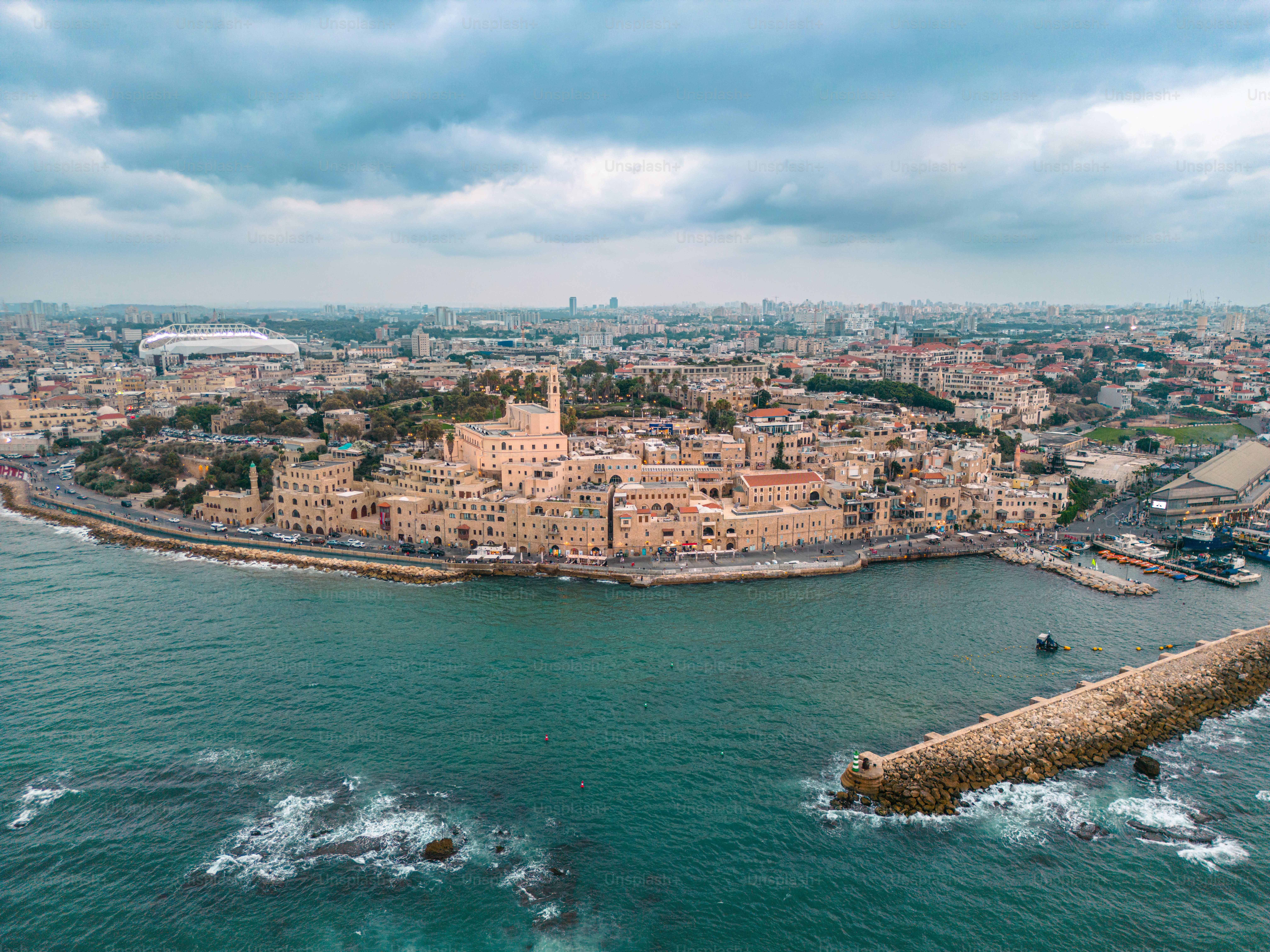 Aerial panoramic photo of the waterfront of Tel Aviv - Yafo  at afternoon and dusk in summer