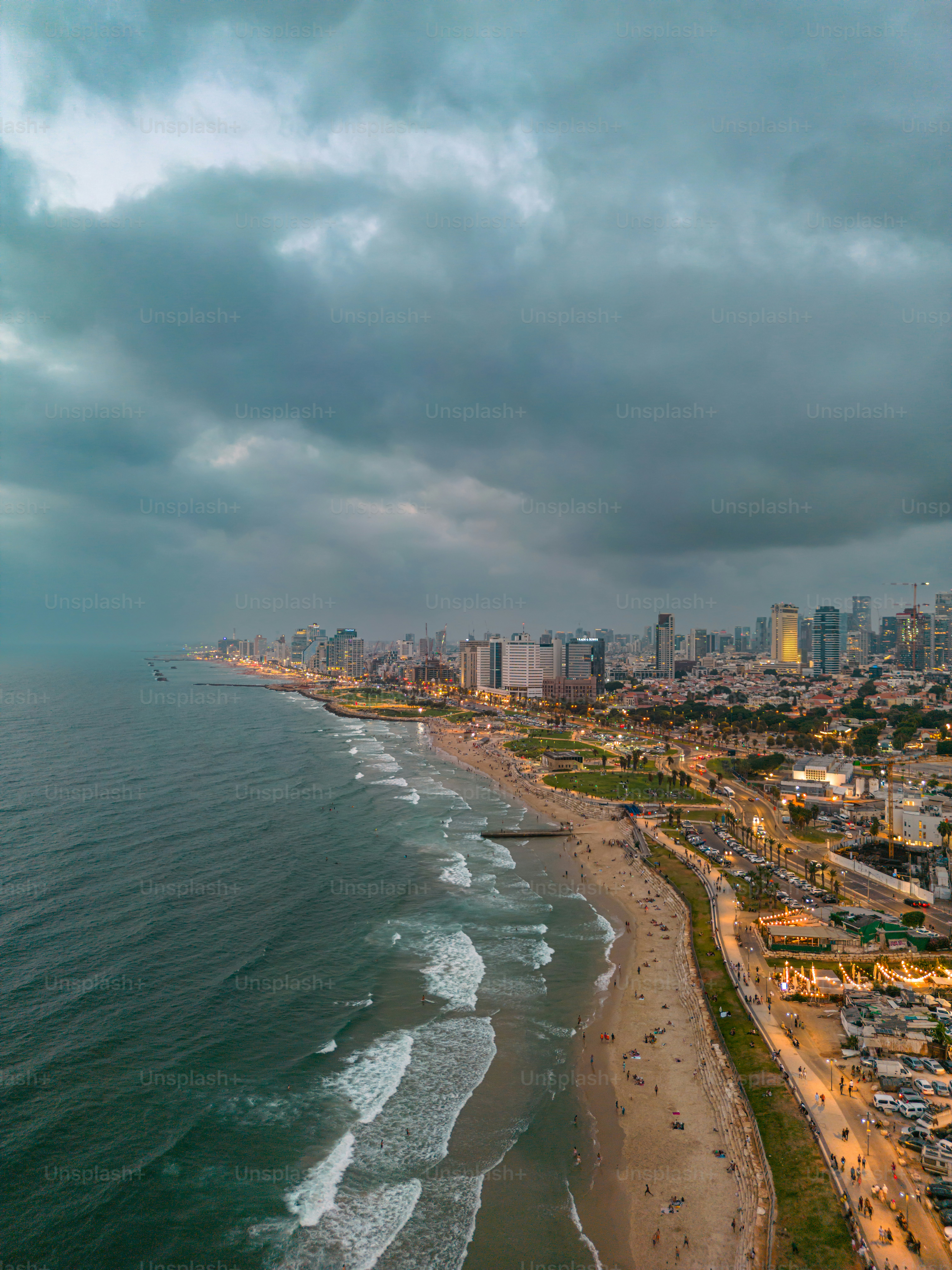 Aerial panoramic photo of the waterfront of Tel Aviv - Yafo  at afternoon and dusk in summer