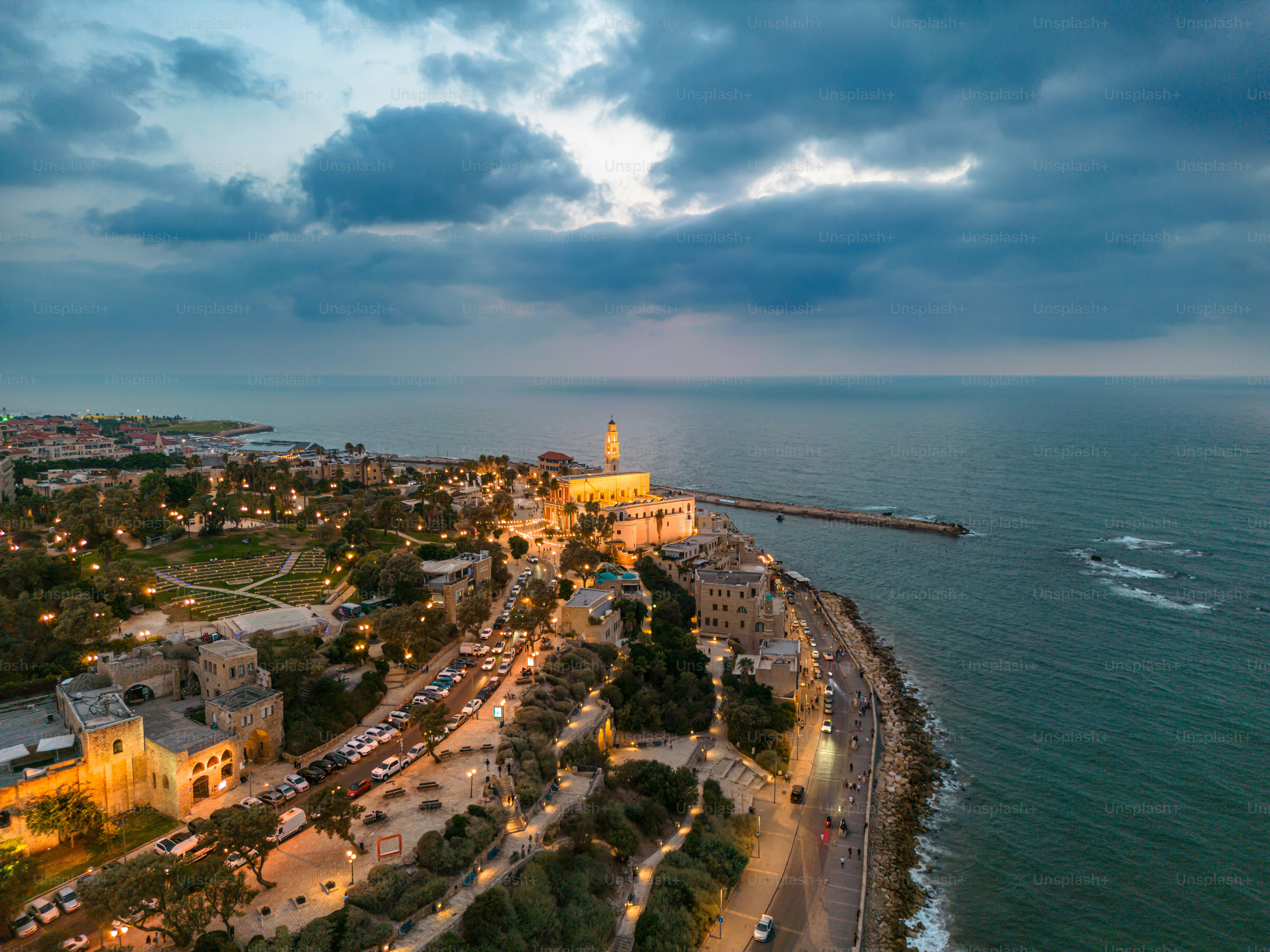 Aerial panoramic photo of the waterfront of Tel Aviv - Yafo  at afternoon and dusk in summer