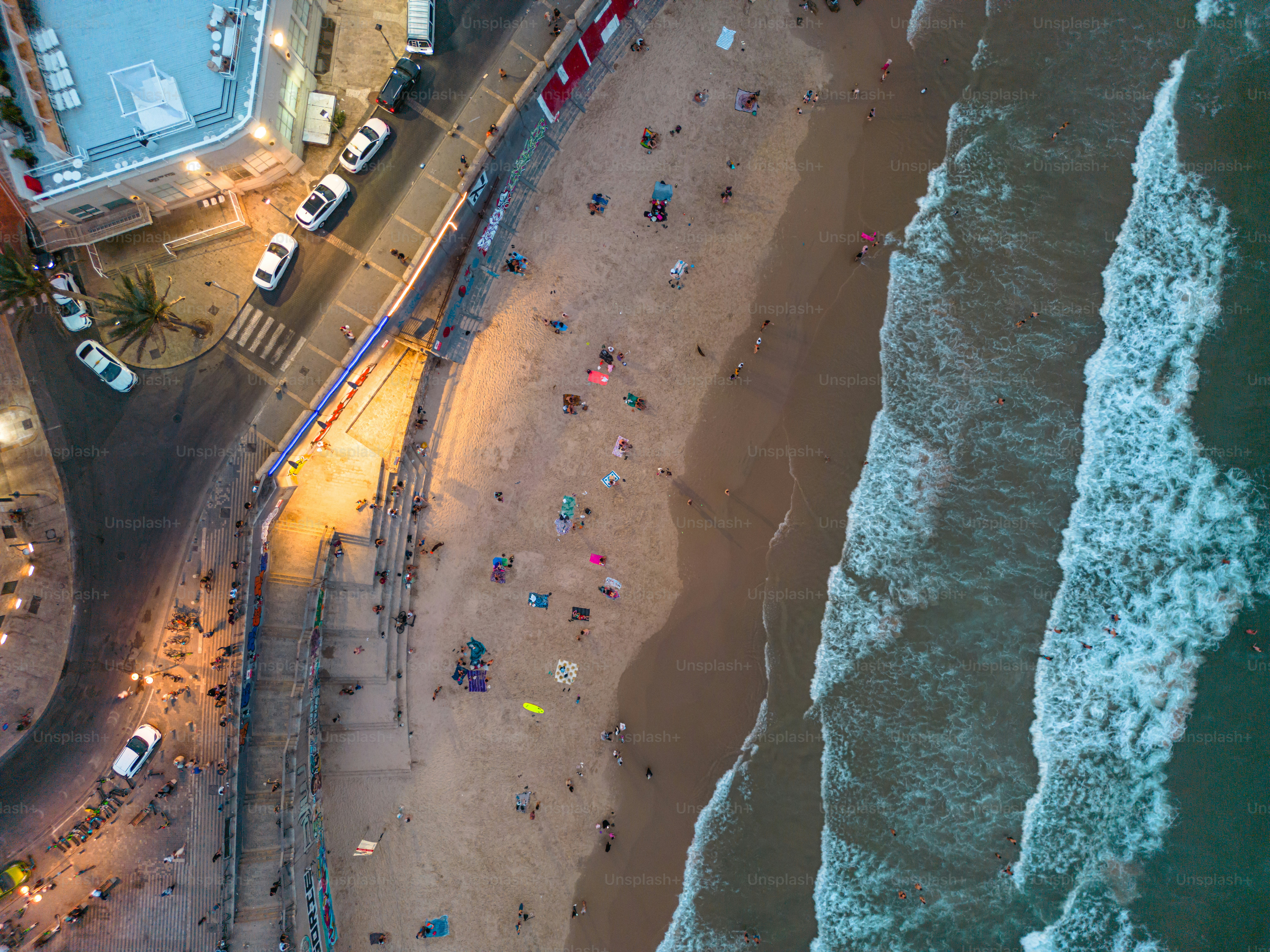 Aerial panoramic photo of the waterfront of Tel Aviv - Yafo  at afternoon and dusk in summer