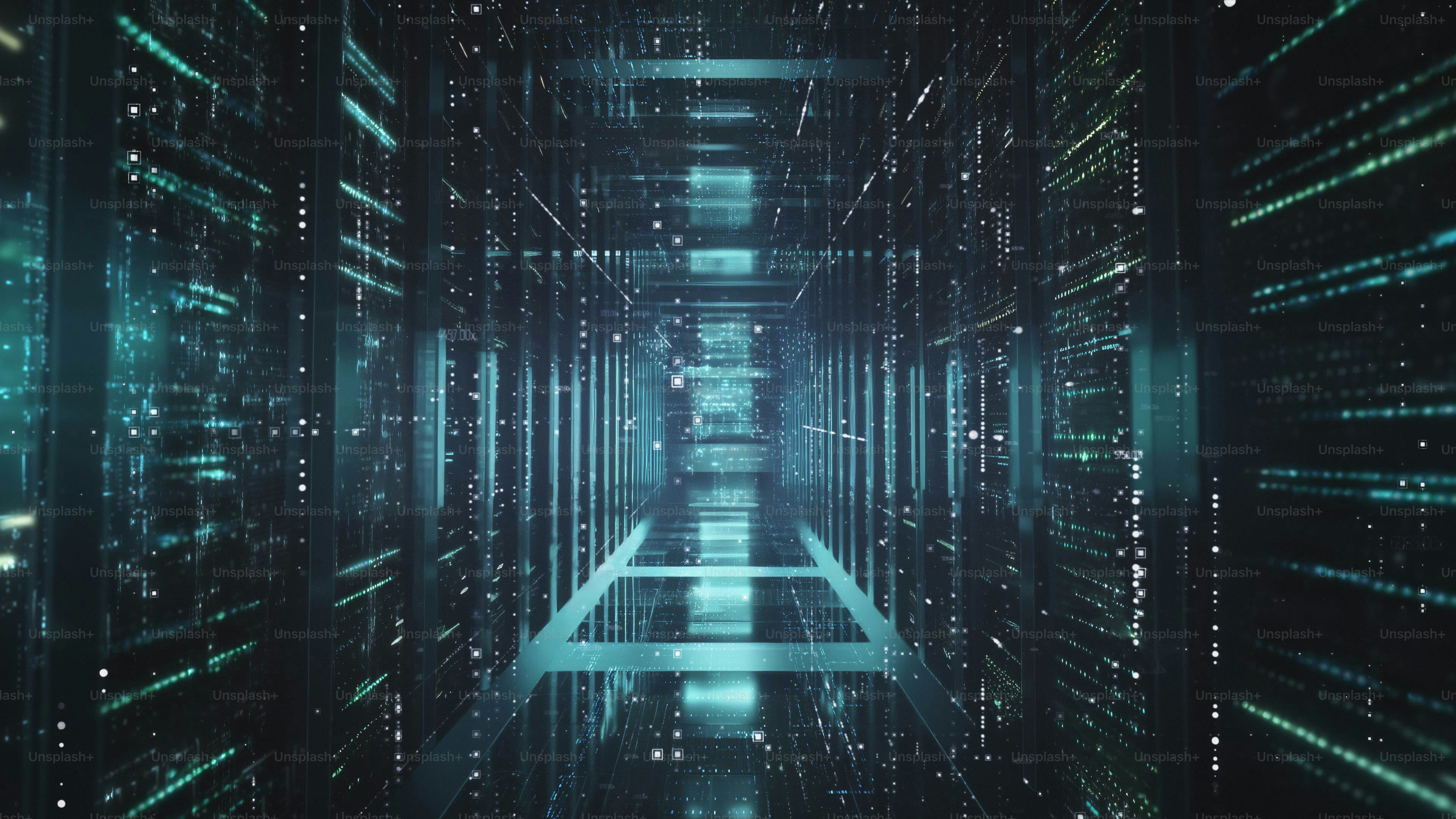 Data Center. Animated Digitalization of Information, Stream Moving Through Servers. Web, Net, Threads of Interconnected Bits of Data Moving