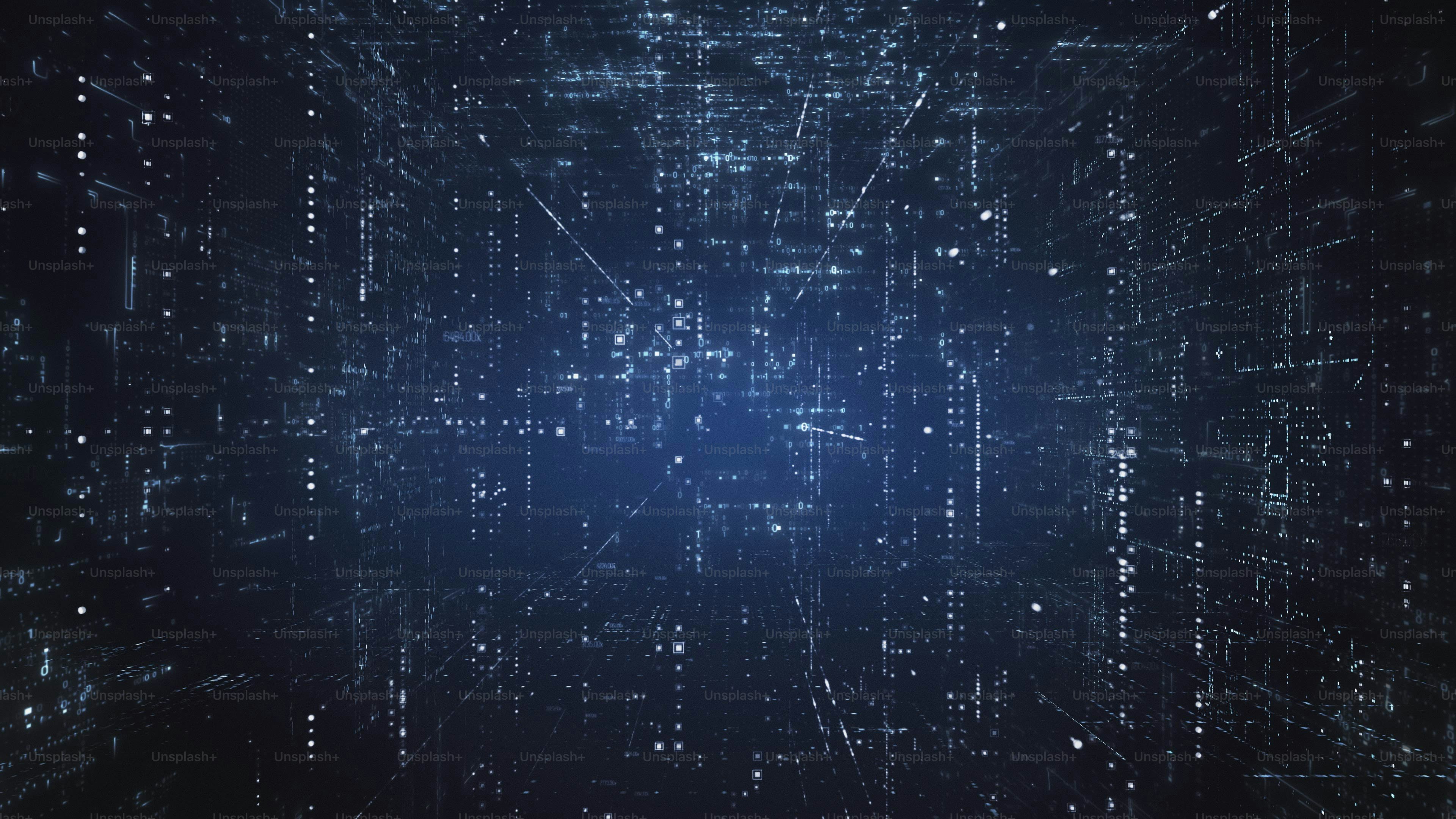 Das Konzept des Informationsstroms, der durch Server im Rechenzentrum fließt. Web, Netz, Fäden miteinander verbundener Daten, die sich bewegen.