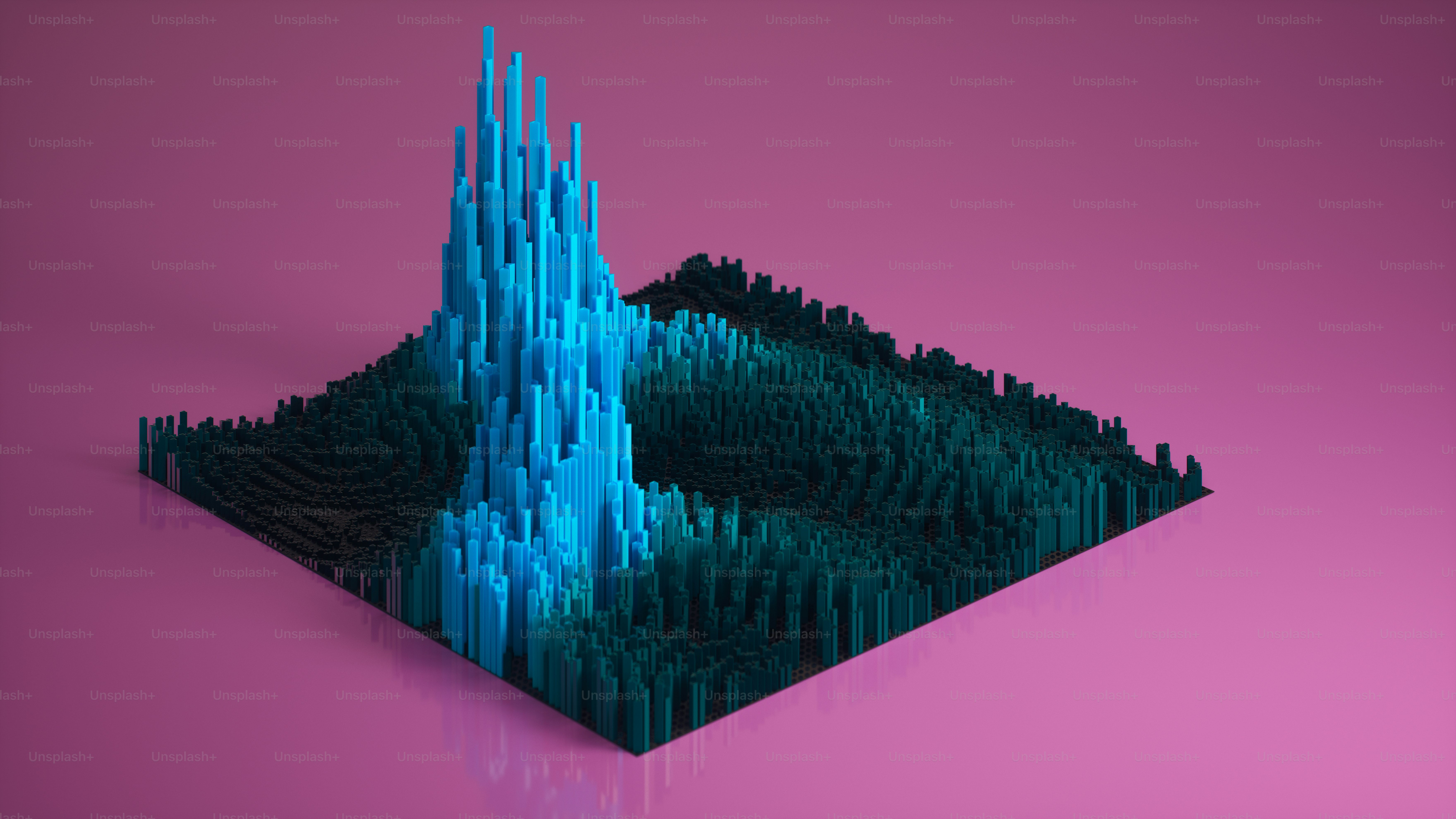 Stylized 3D abstract terrain with small block formations creating an artificial topography.The abstract terrain has a neural, maze-like structure.