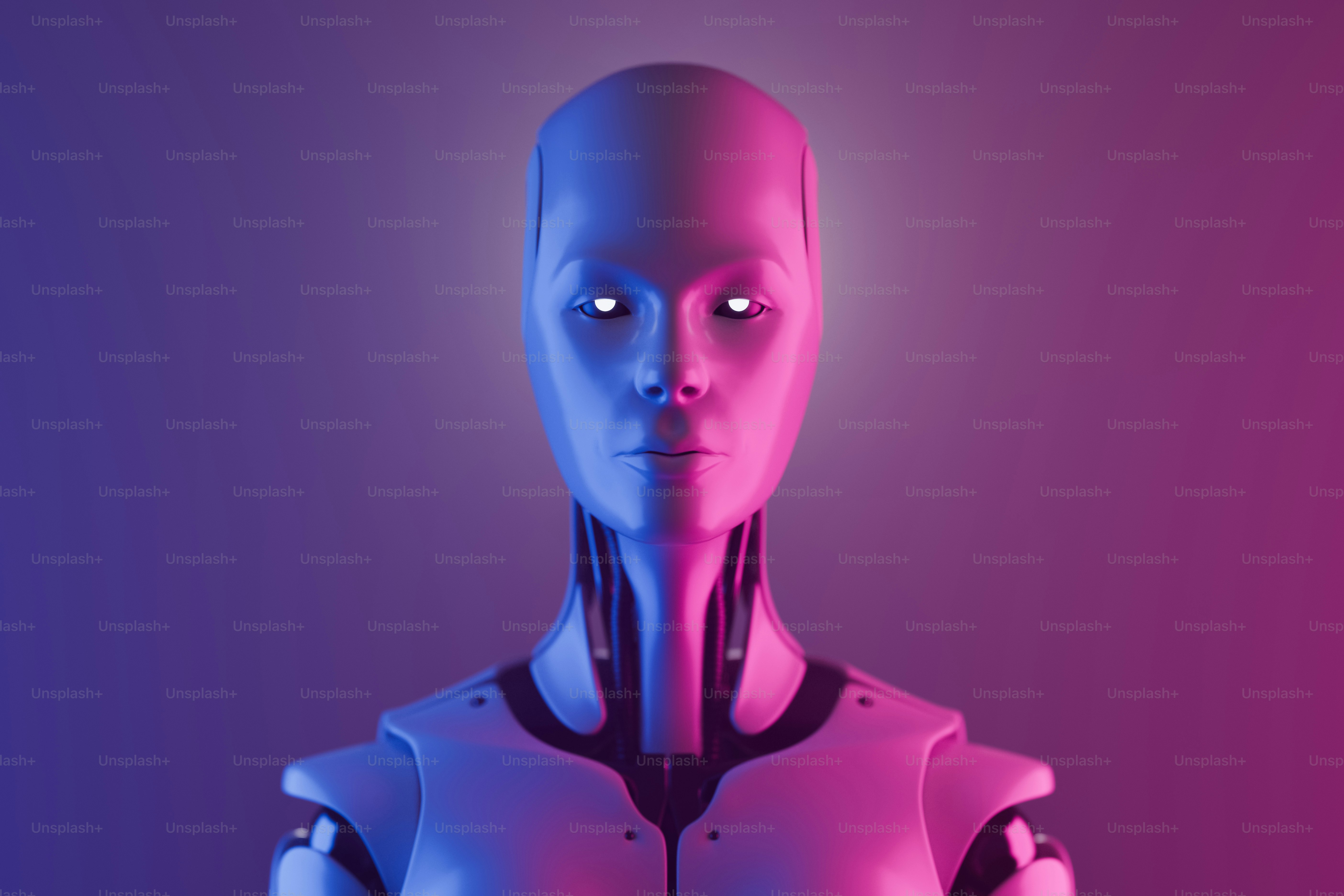 Portrait of a robot lit by neon colored lights.
