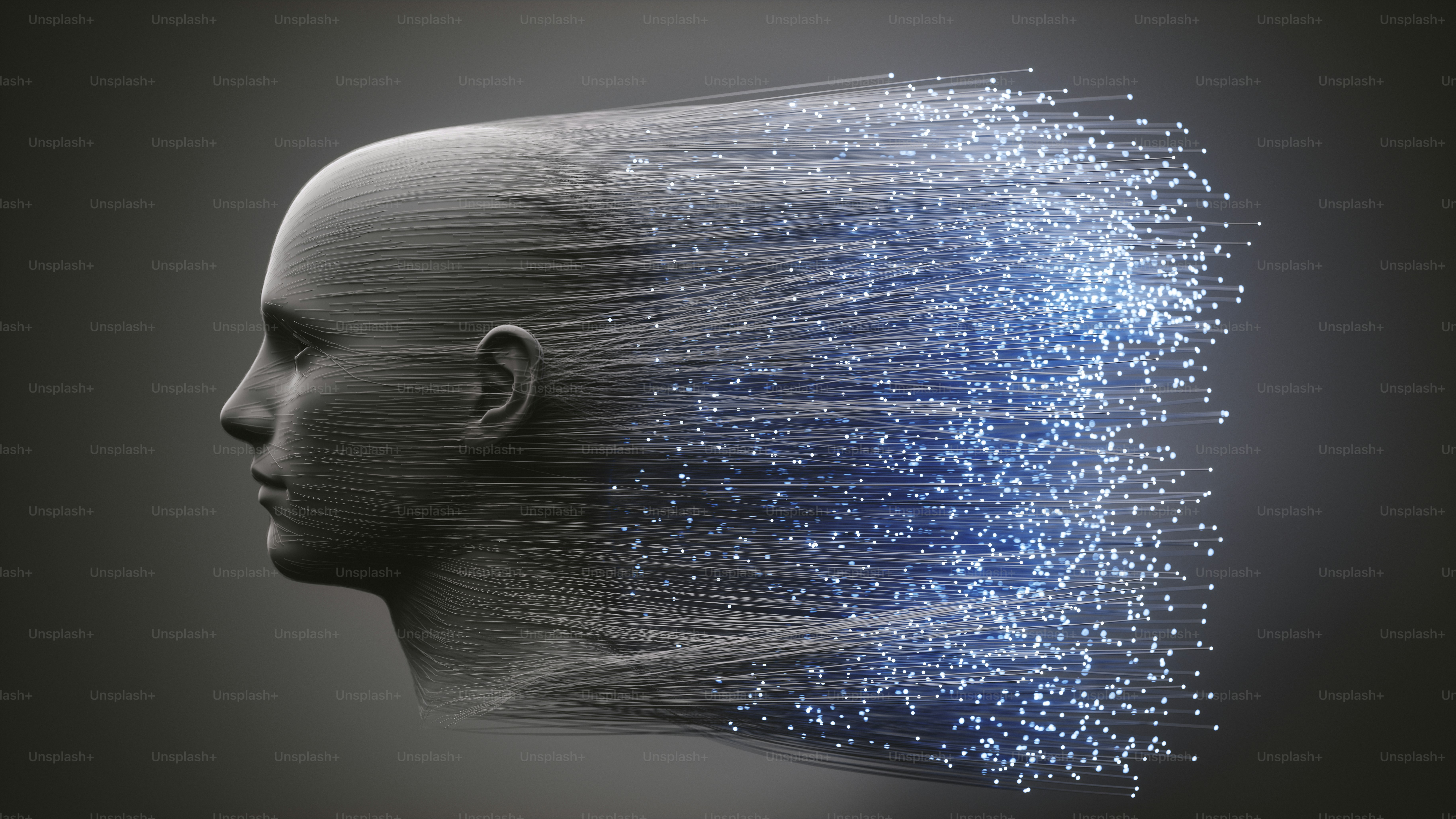 Abstract digital human head with fibers. Concept for artificial ...