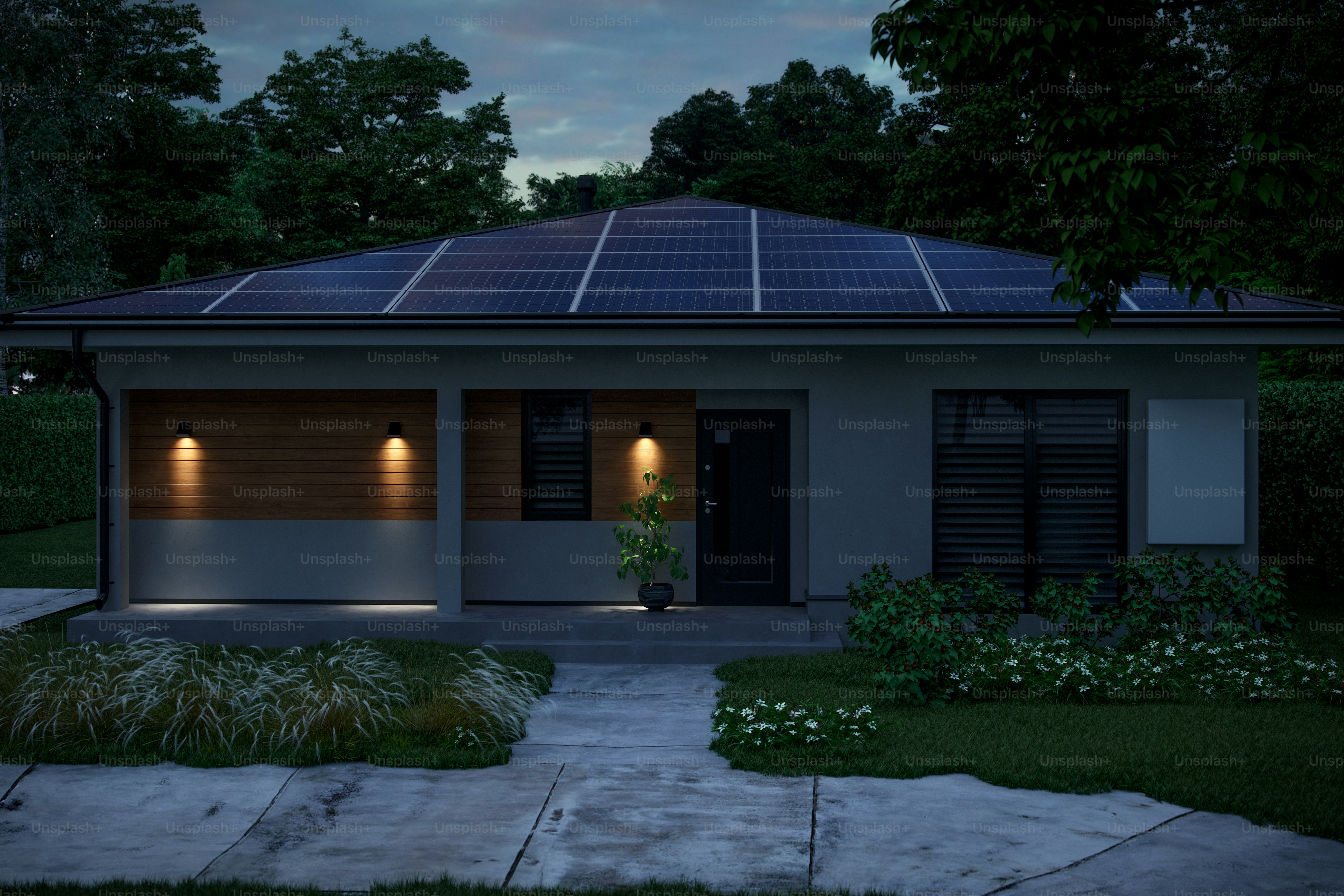 Modern single-storey house equipped with solar panels and an energy ...