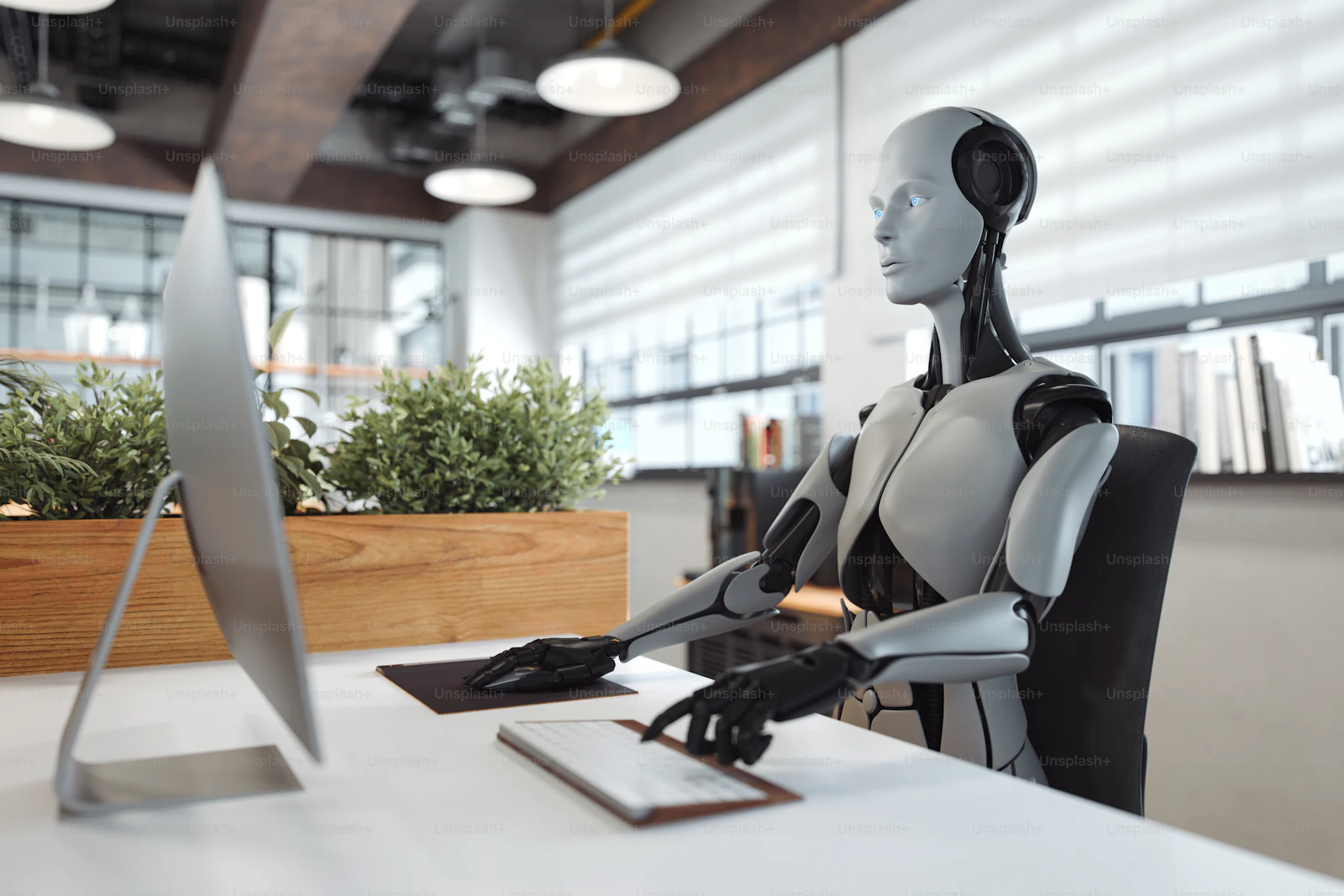 Humanoid robot working across screens in a contemporary office setting — Photo by Unsplash