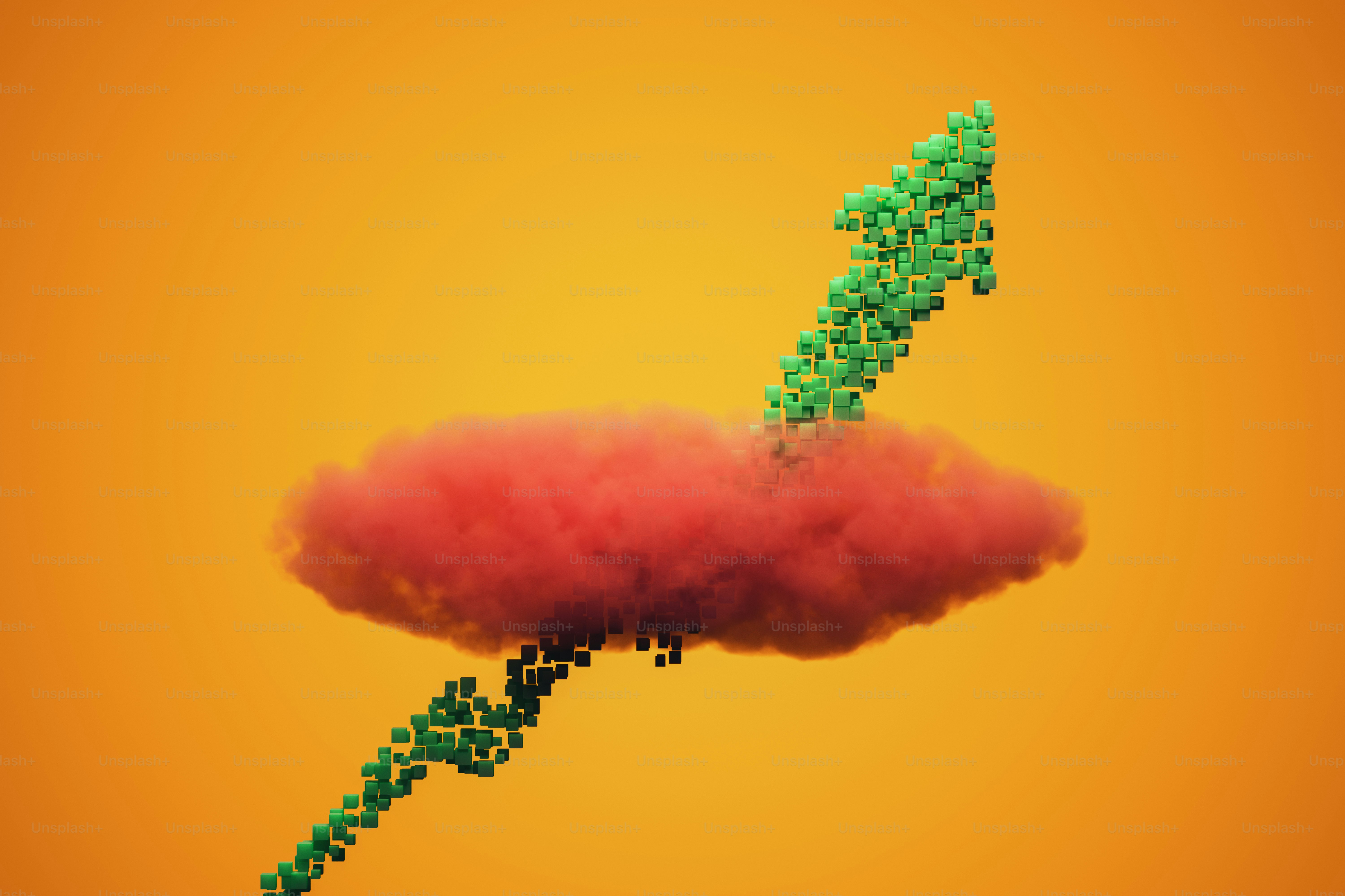 Pixelated abstract arrow ascending through clouds.