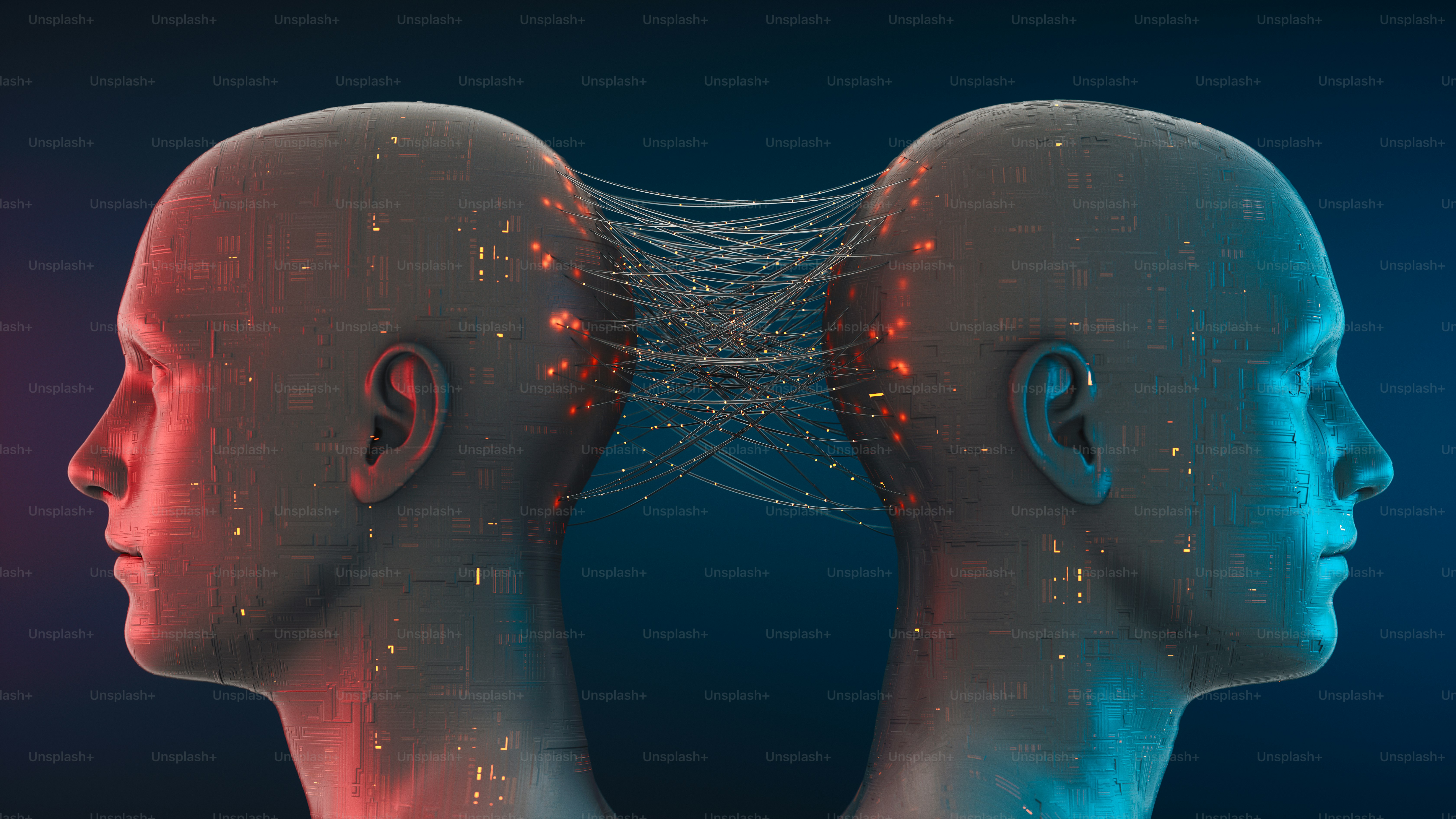 Artificial human heads connected to each other with cables.