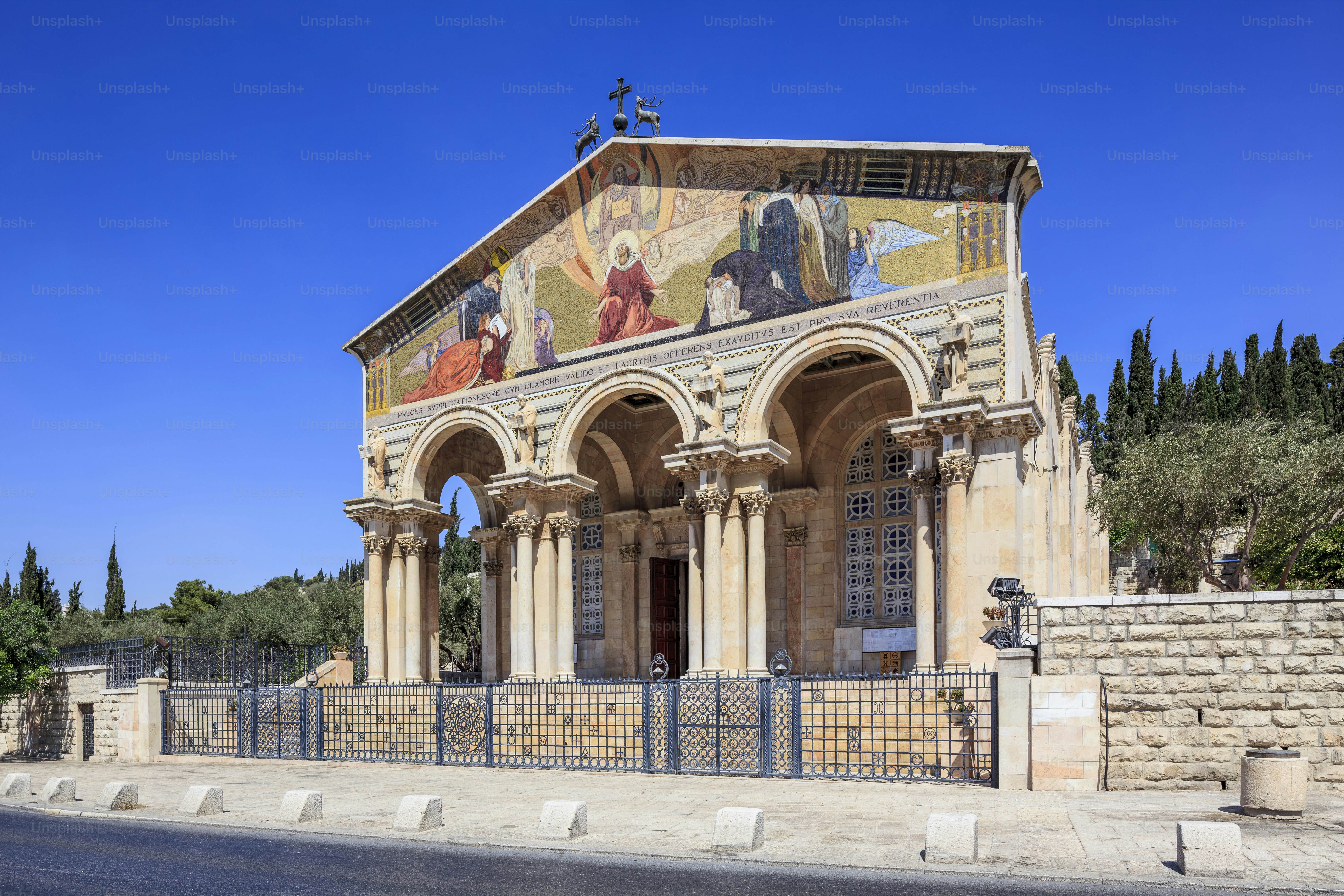 The Church of All Nations, also known as the Basilica of the Agony, is located in the Garden of Gethsemane, Jerusalem.