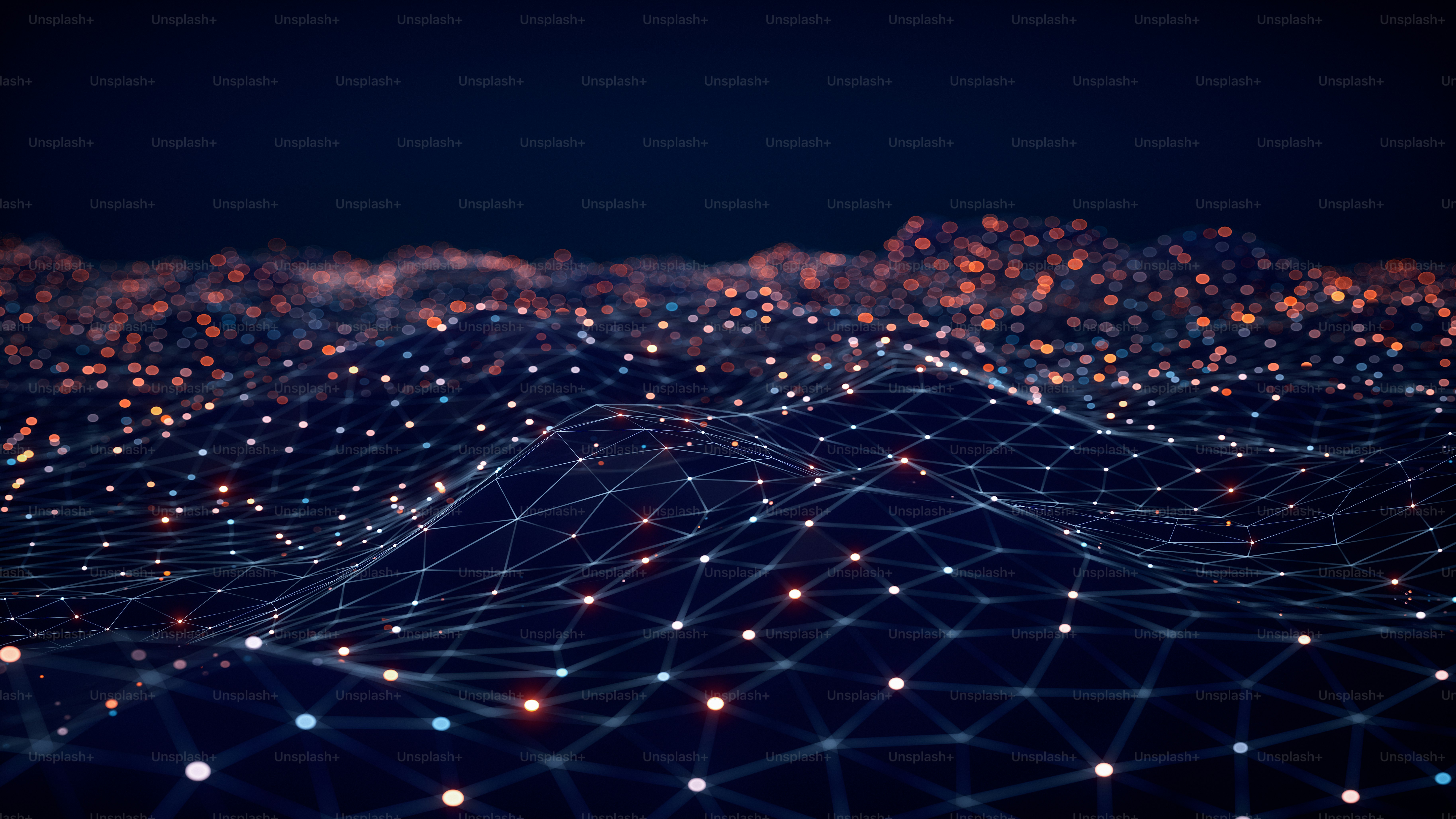 Fundo em tecnologia abstrata com uma paisagem digital com partículas de luz.