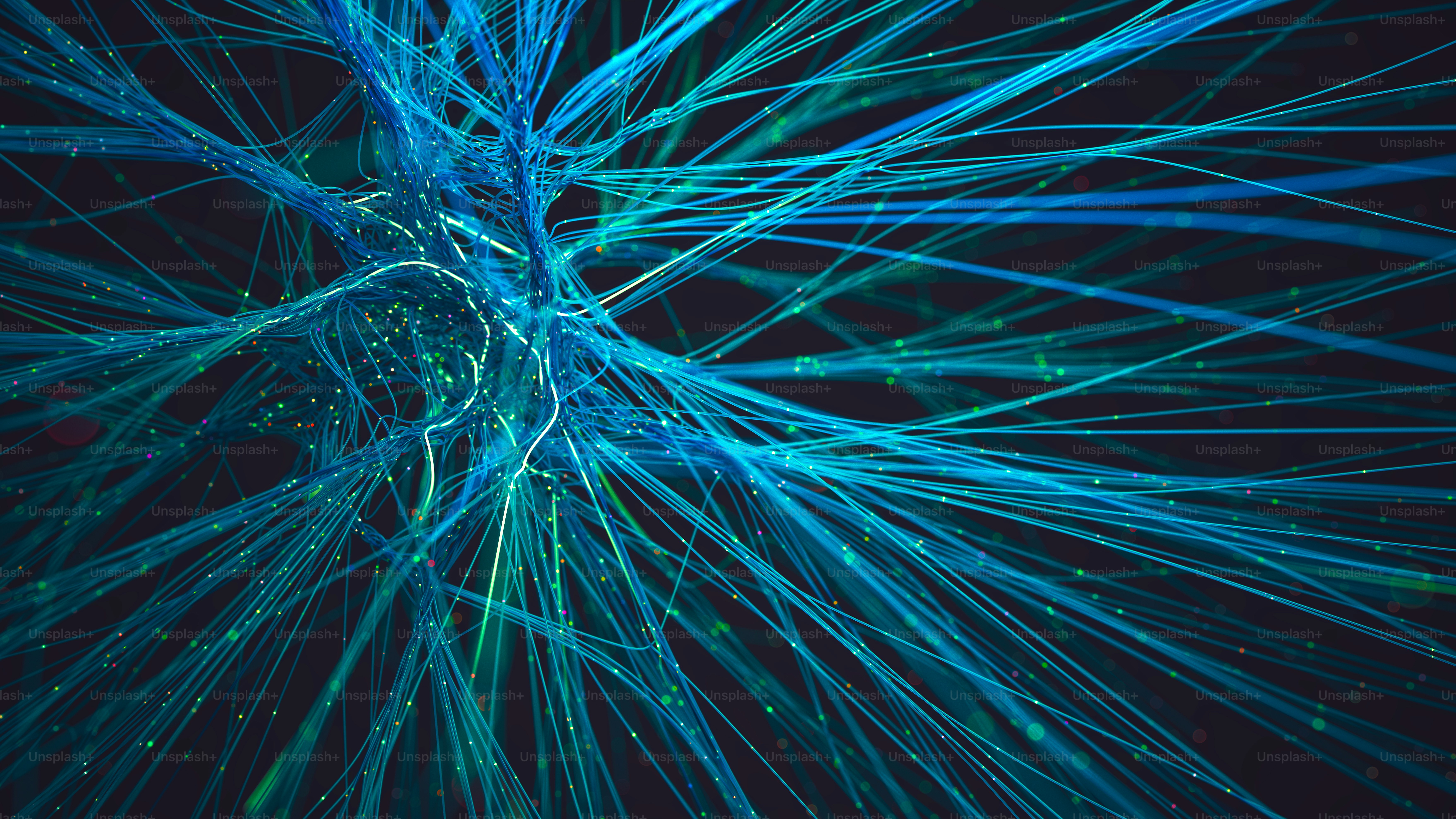 Intricate web of blue light trails suggesting a neural interface or fiber optic cables. Abstract visualization of artificial intelligence and data transmission.