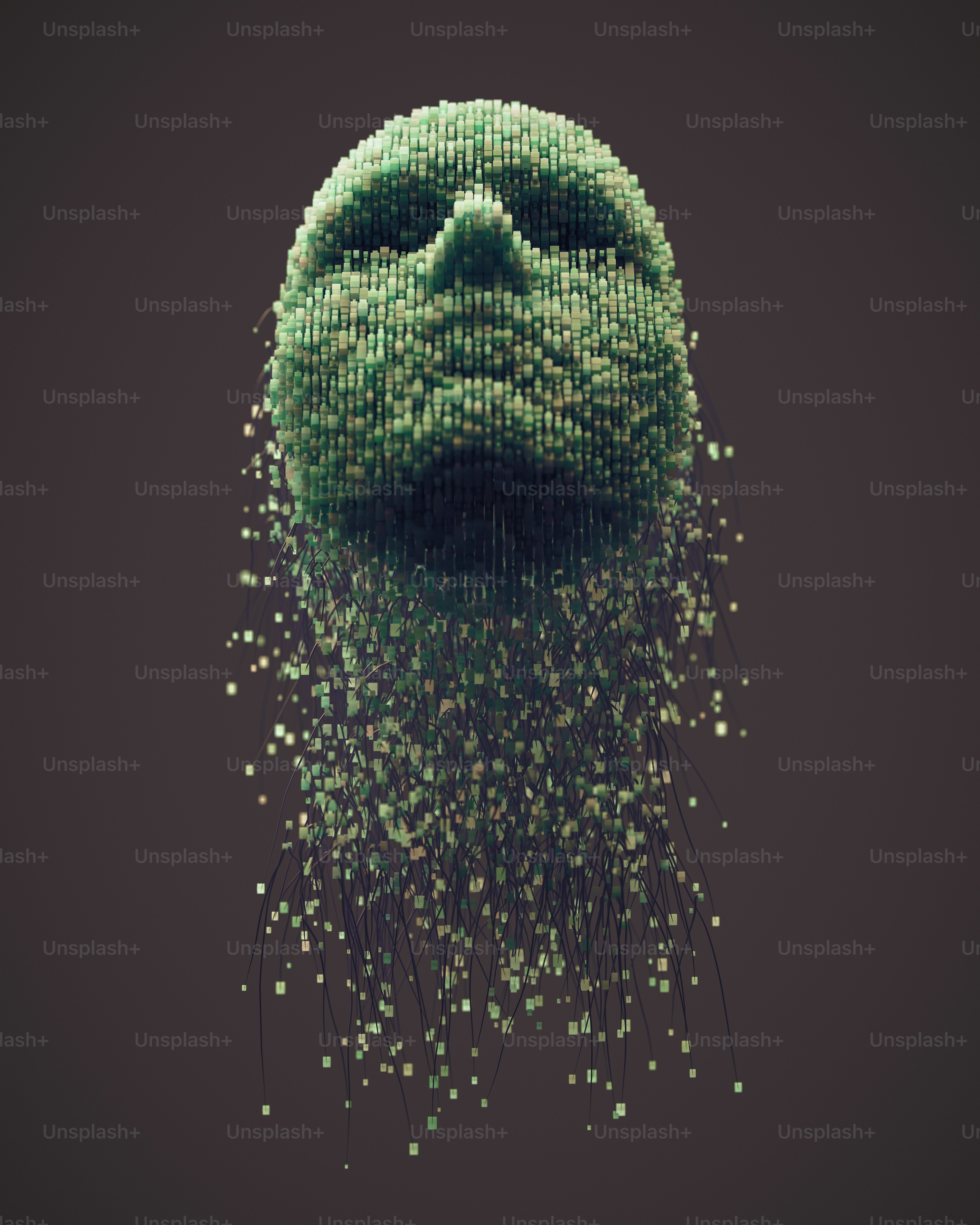 3D human head made with cables and cube shaped particles.