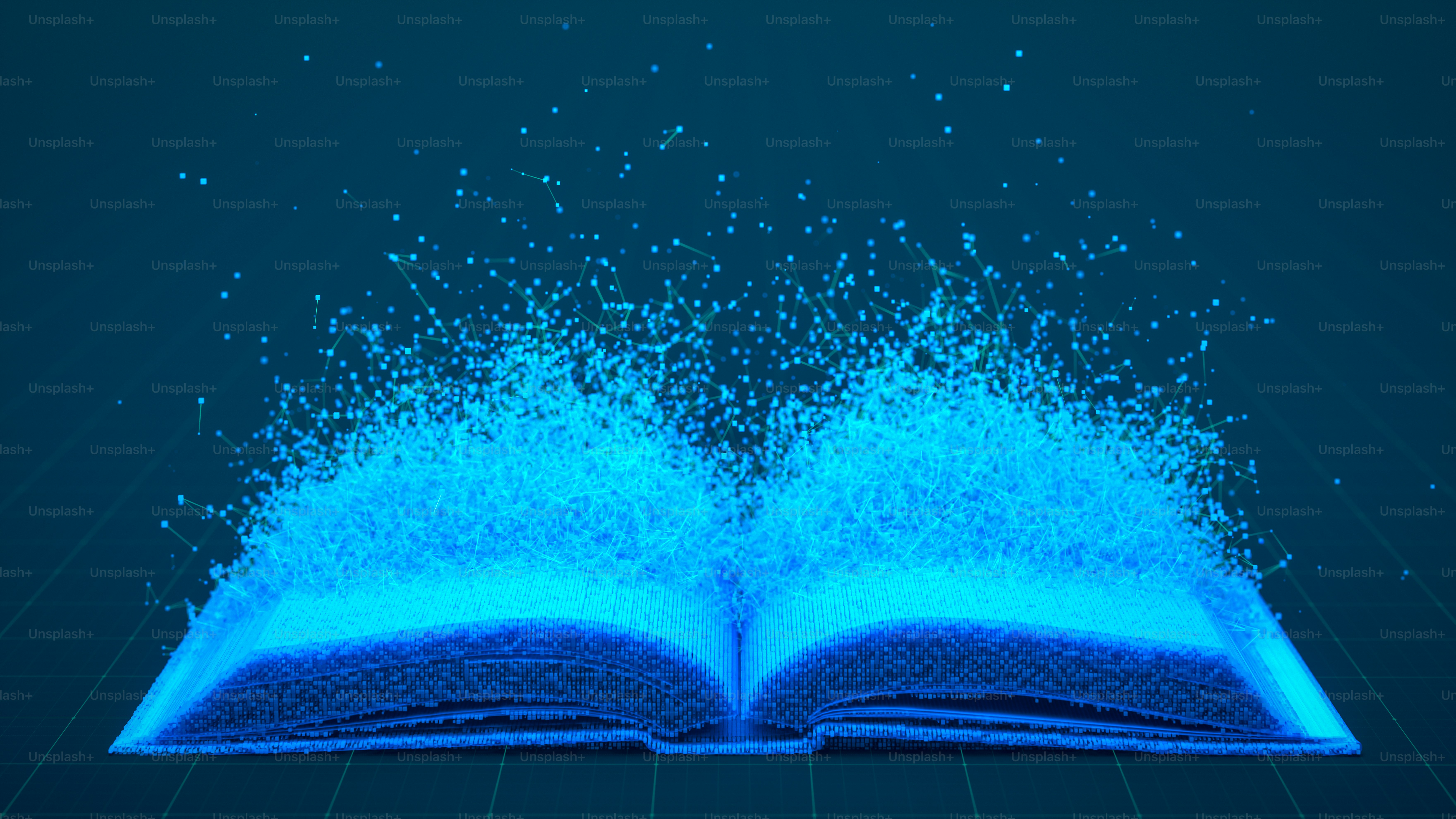 An open book dissolves into a network of glowing blue particles against a dark background. Concept for digital transformation, online education, and information technology.