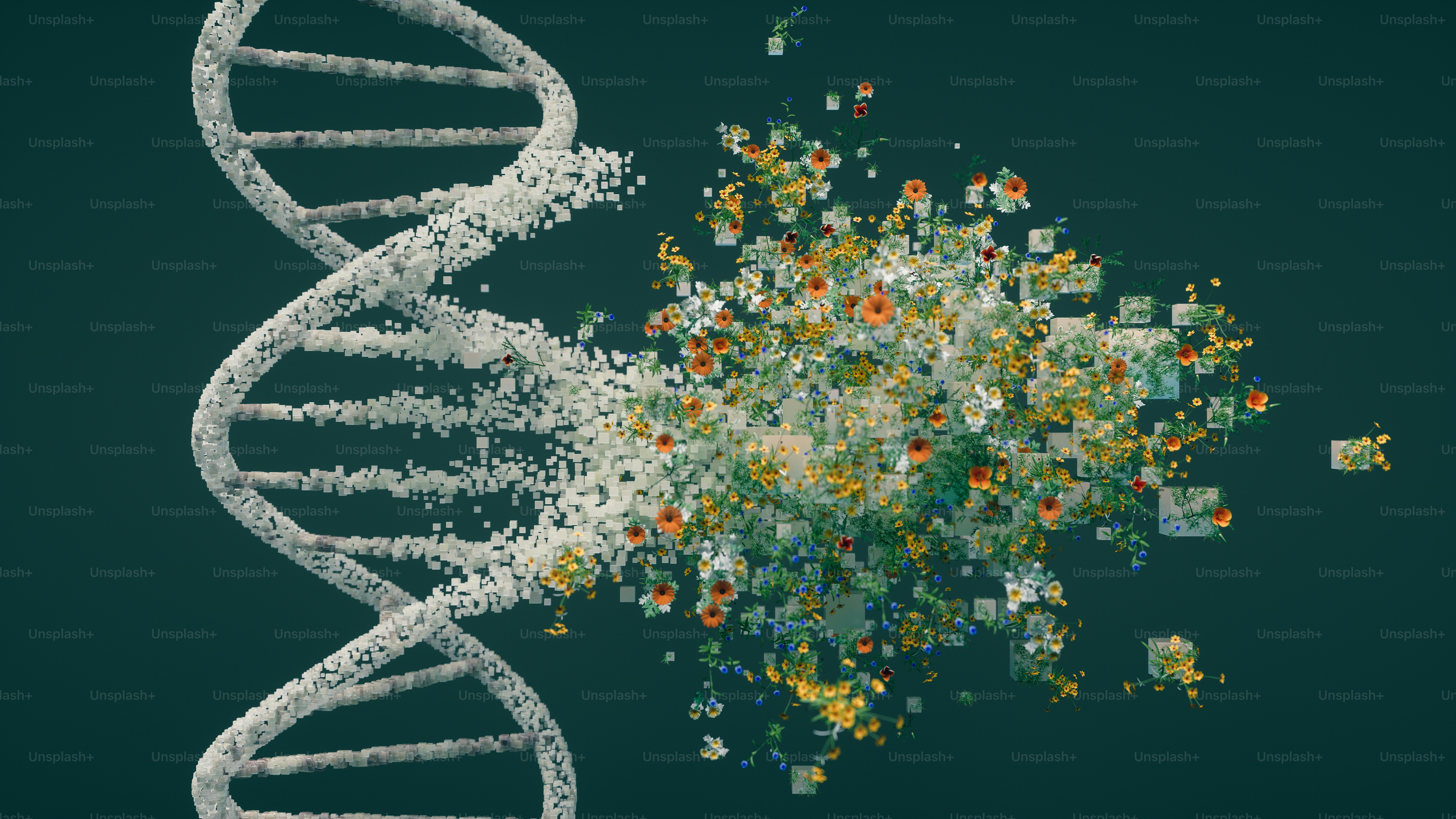 Struktur heliks ganda DNA dengan latar belakang hijau tua larut menjadi sekelompok bunga oranye, kuning, dan putih yang cerah. Transisi menampilkan kotak piksel, memadukan elemen organik dan digital.