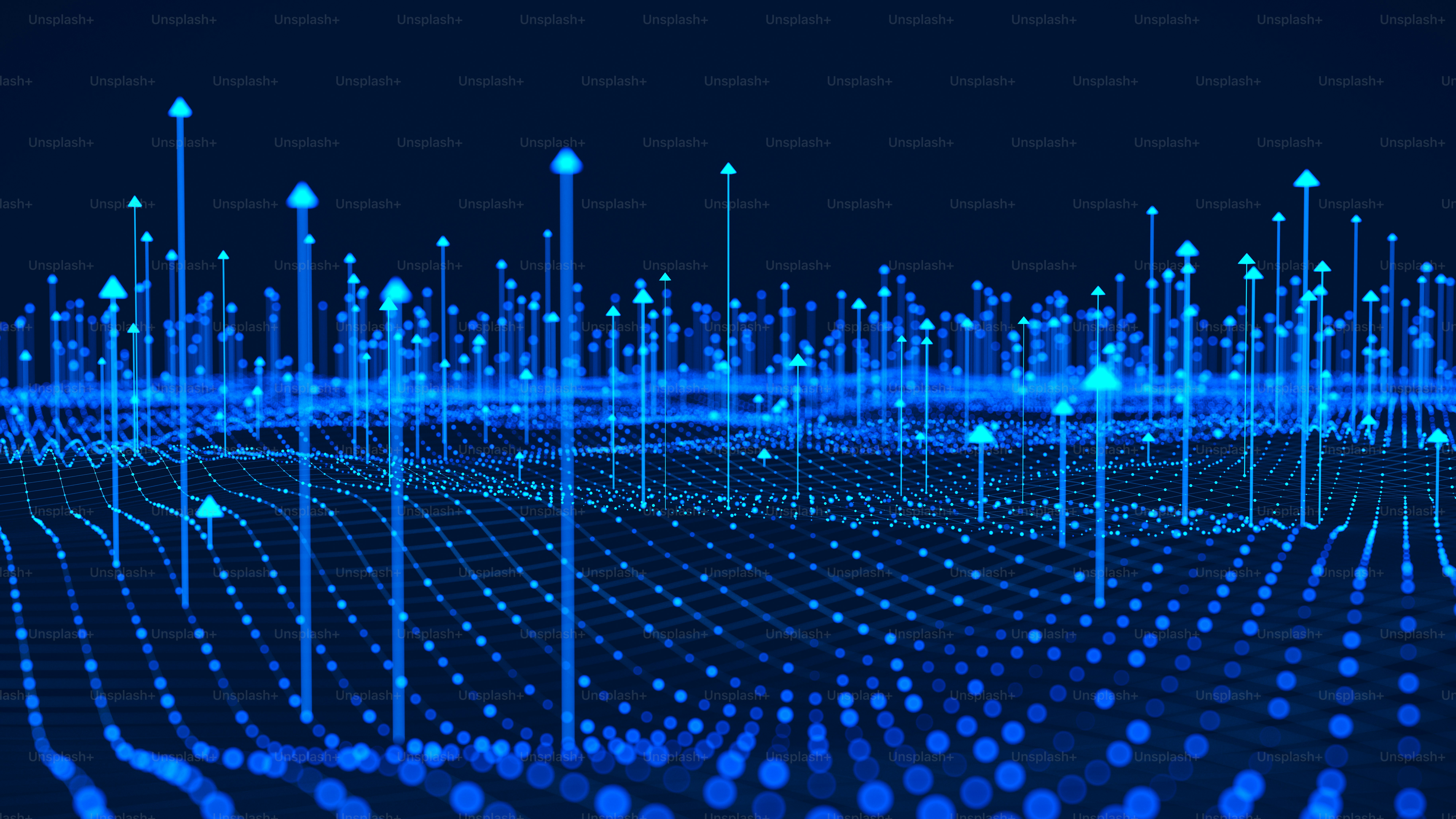 A futuristic digital landscape depicting a network grid with numerous rising arrows, illustrating the data growth and connectivity.