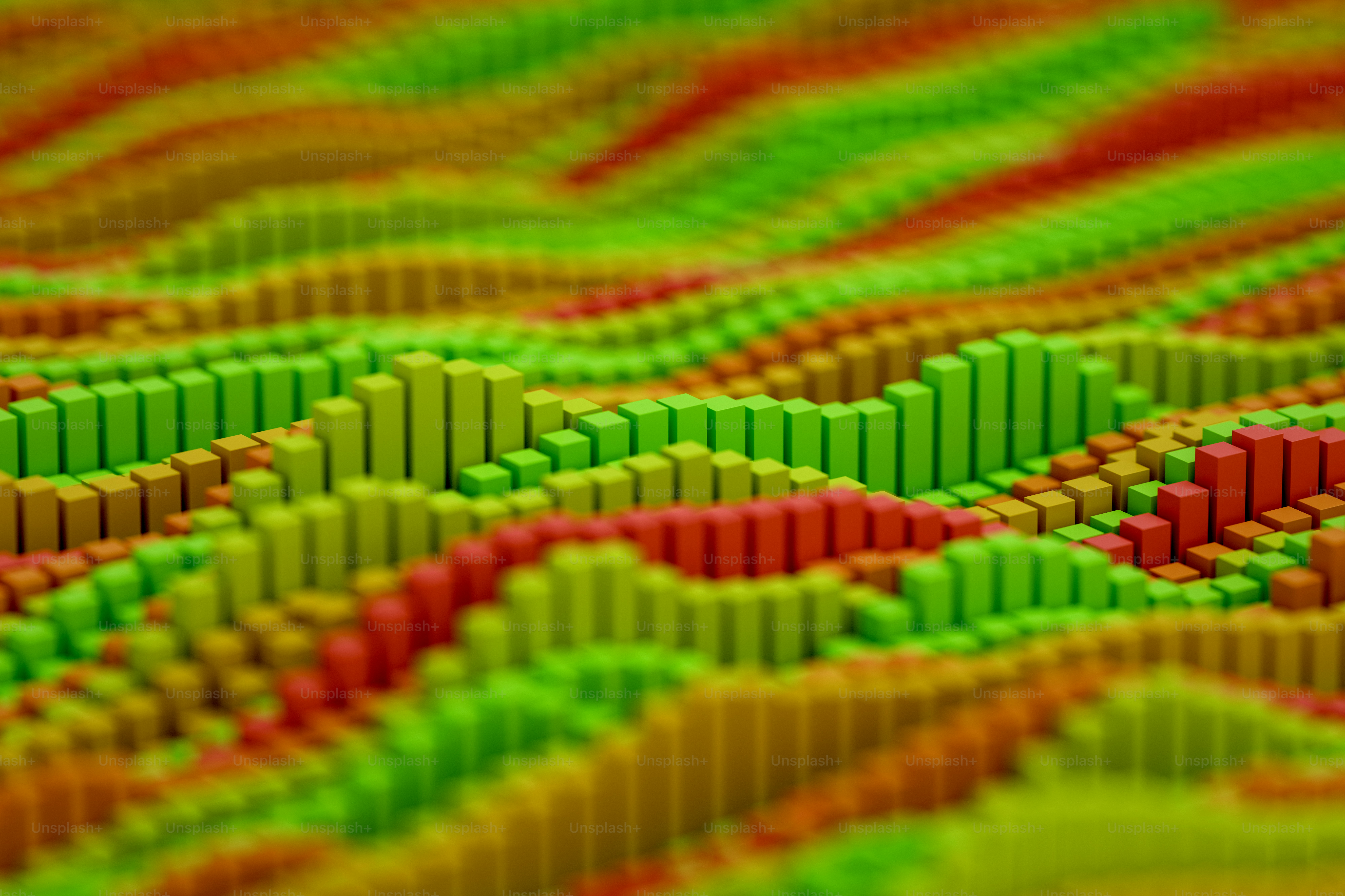 An abstract design representing financial bar graphs in green and red, pixelated format. The vertical elements resemble dynamic financial data, illustrating market trends and performance metrics through a visually engaging and structured landscape.