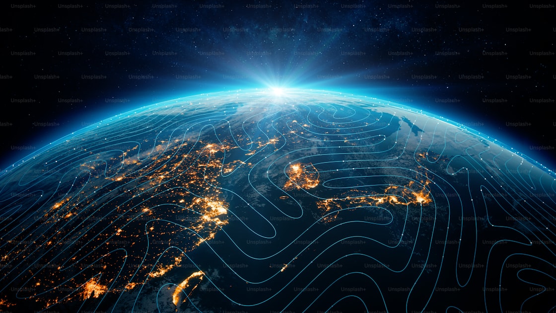 Globo terrestre visto desde el espacio con líneas de inteligencia artificial — descubrimientos espaciales e IA