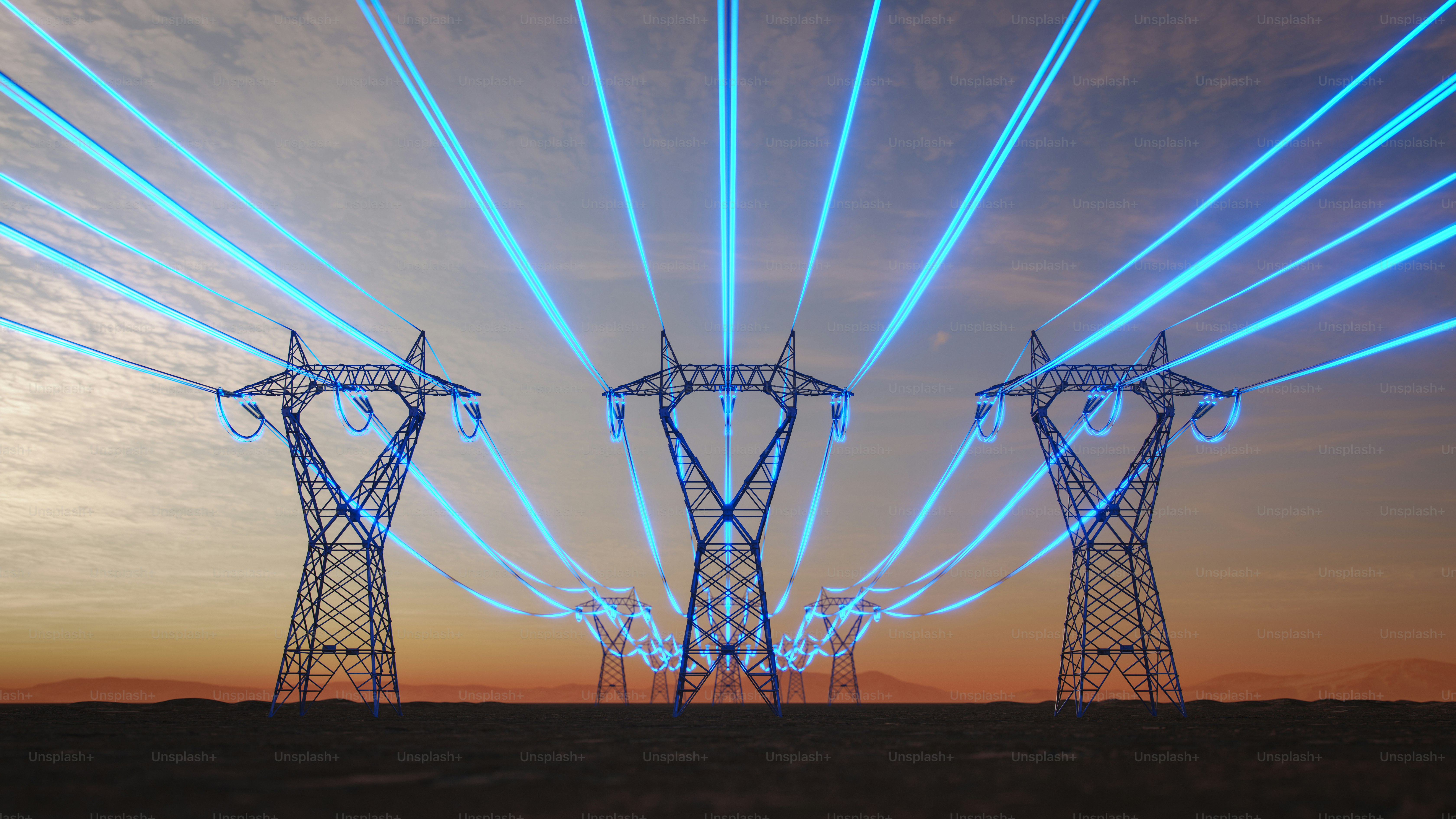 Des tours de transmission en acier s’étendent sur une plaine désertique au coucher du soleil, tandis que des fils bleus lumineux symbolisent une intelligence artificielle gourmande en données augmentant la consommation d’énergie.