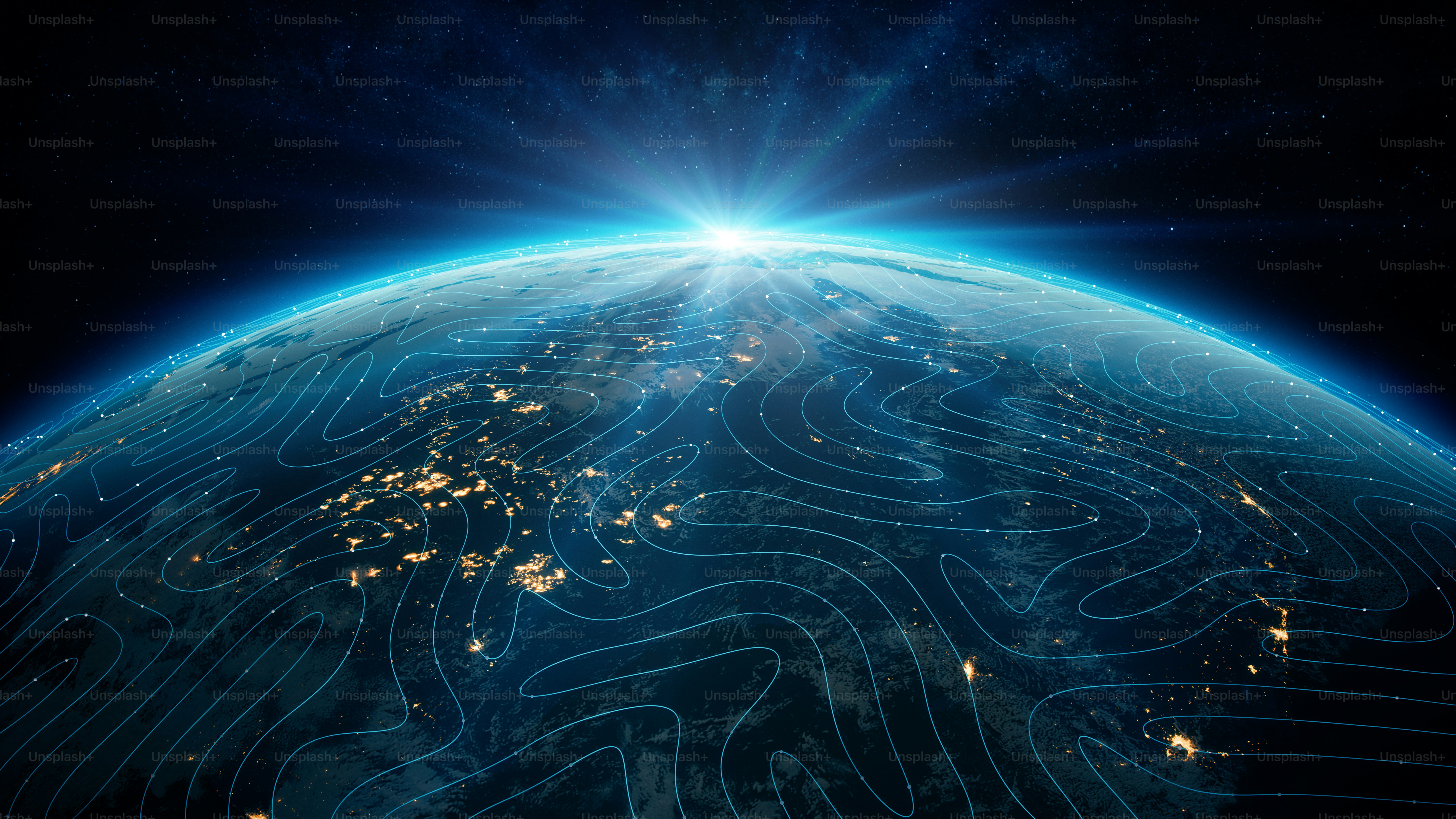 Globe viewing from space at night with abstract artificial intelligence ...