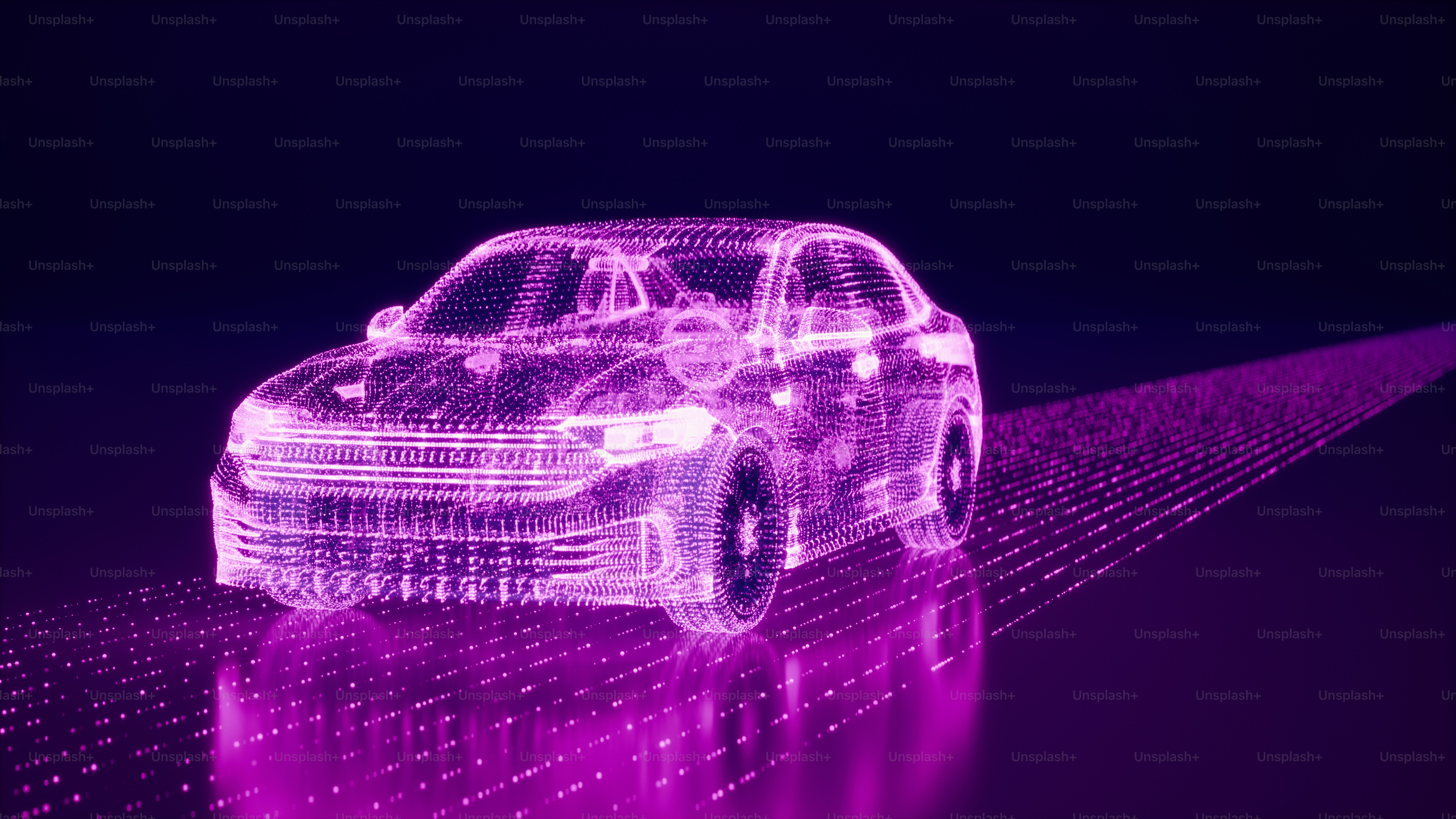 Neonviolette digitale Darstellung eines modernen Autos, zusammengesetzt aus Datenpunkten und leuchtenden Linien, auf einer gitterartigen digitalen Straße in einer dunklen virtuellen Umgebung.