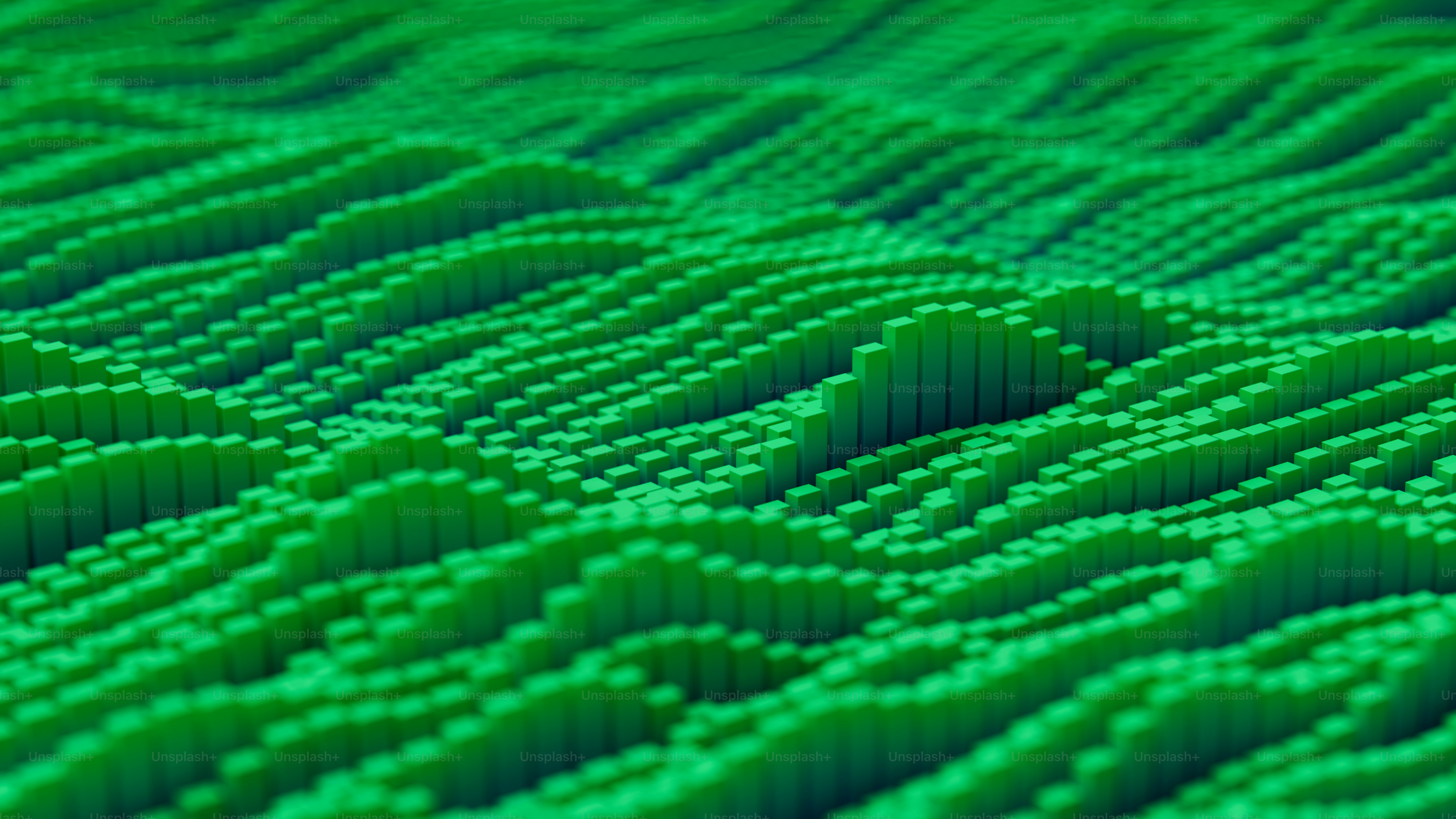Um design abstrato representando gráficos de barras financeiras em formato verde pixelado. Os elementos verticais se assemelham a dados financeiros dinâmicos, ilustrando tendências de mercado e métricas de desempenho por meio de um cenário visualmente envolvente e estruturado.