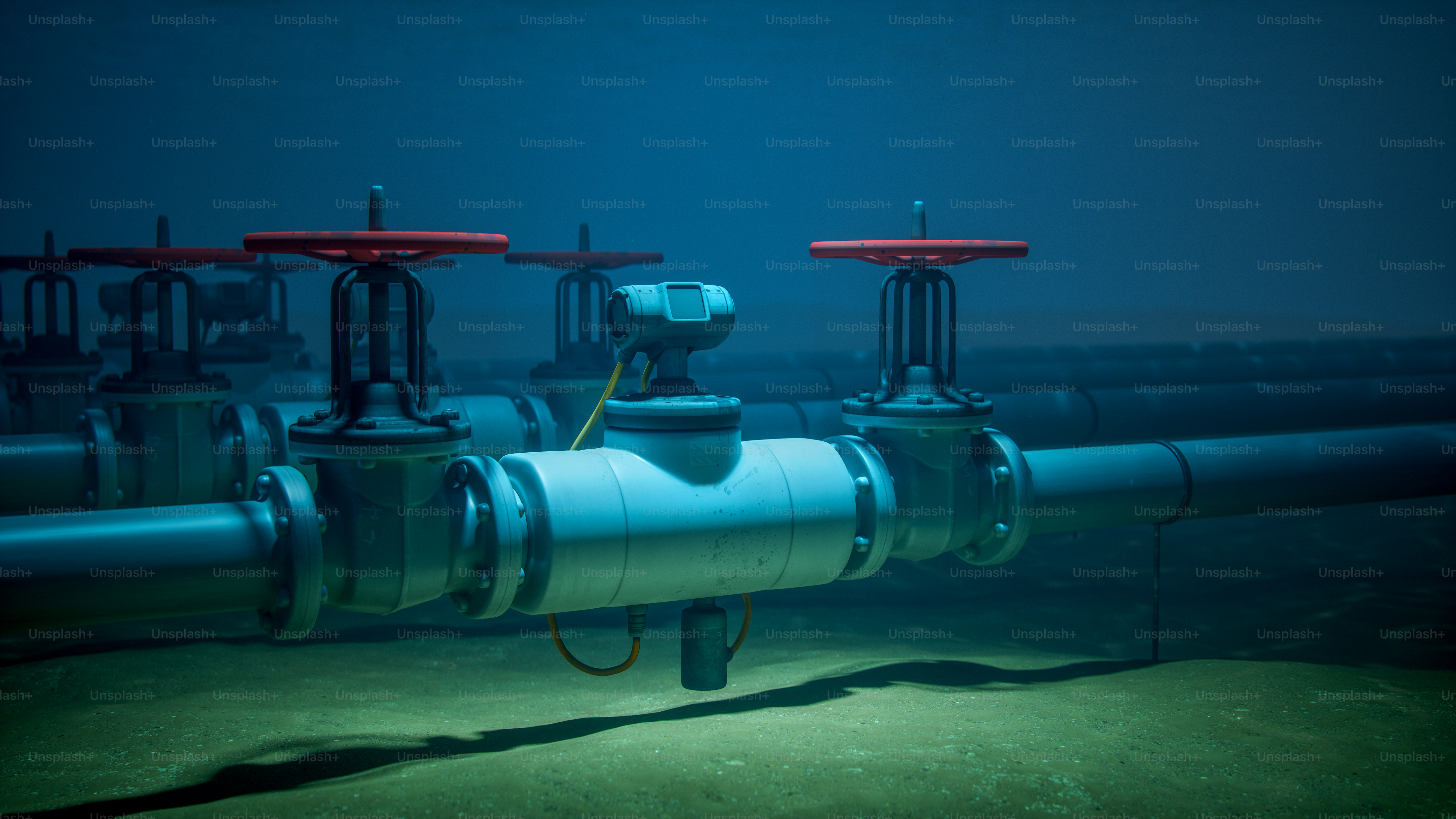 Industrial underwater pipeline system with red valves and a monitoring sensor, positioned on the ocean floor.