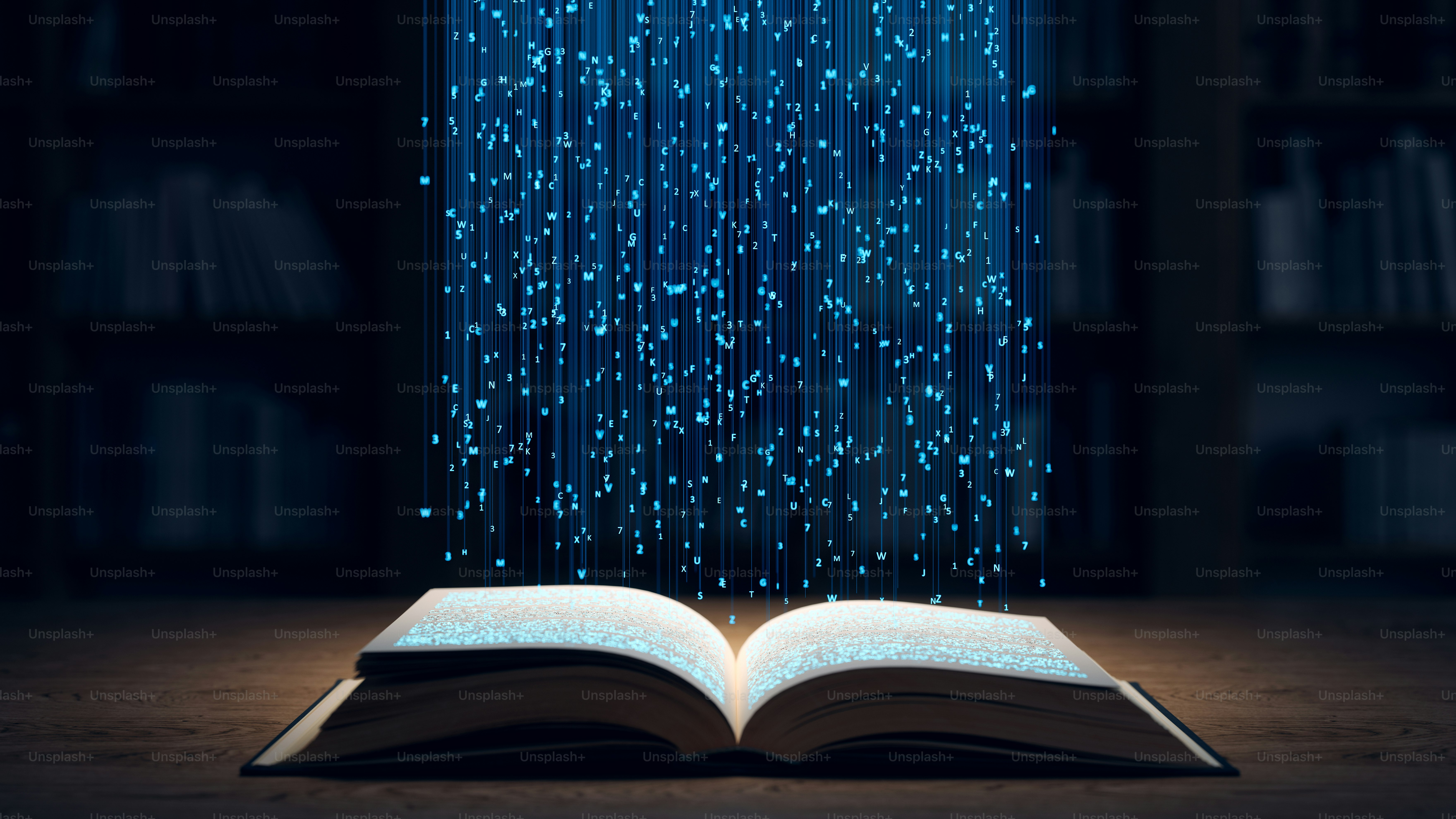 Floating data particles descend into an open book, symbolizing technology-driven education, artificial intelligence, and information exchange.