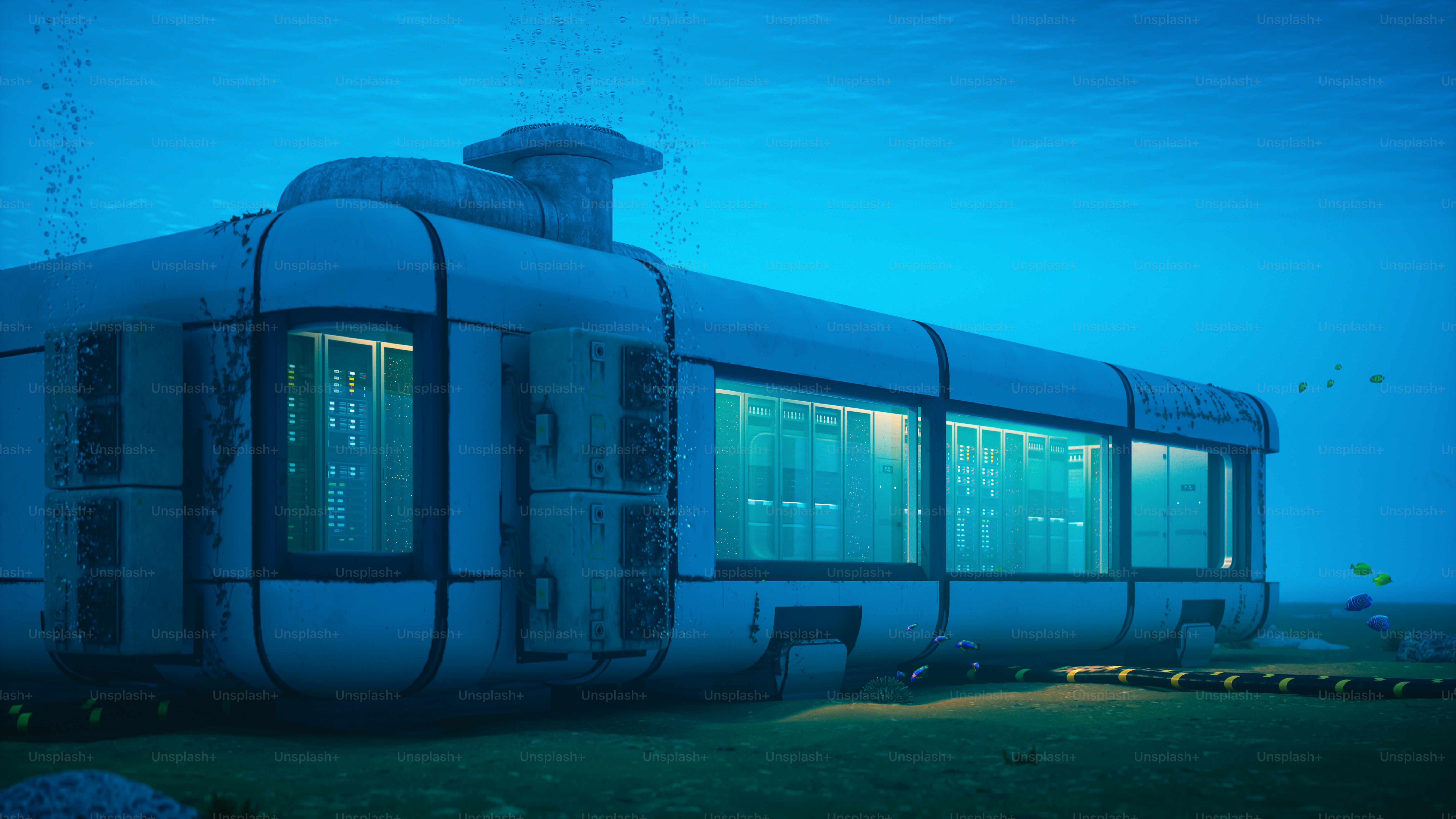 3D concept render of an underwater data center cooling AI servers using ocean water for sustainable thermal management.