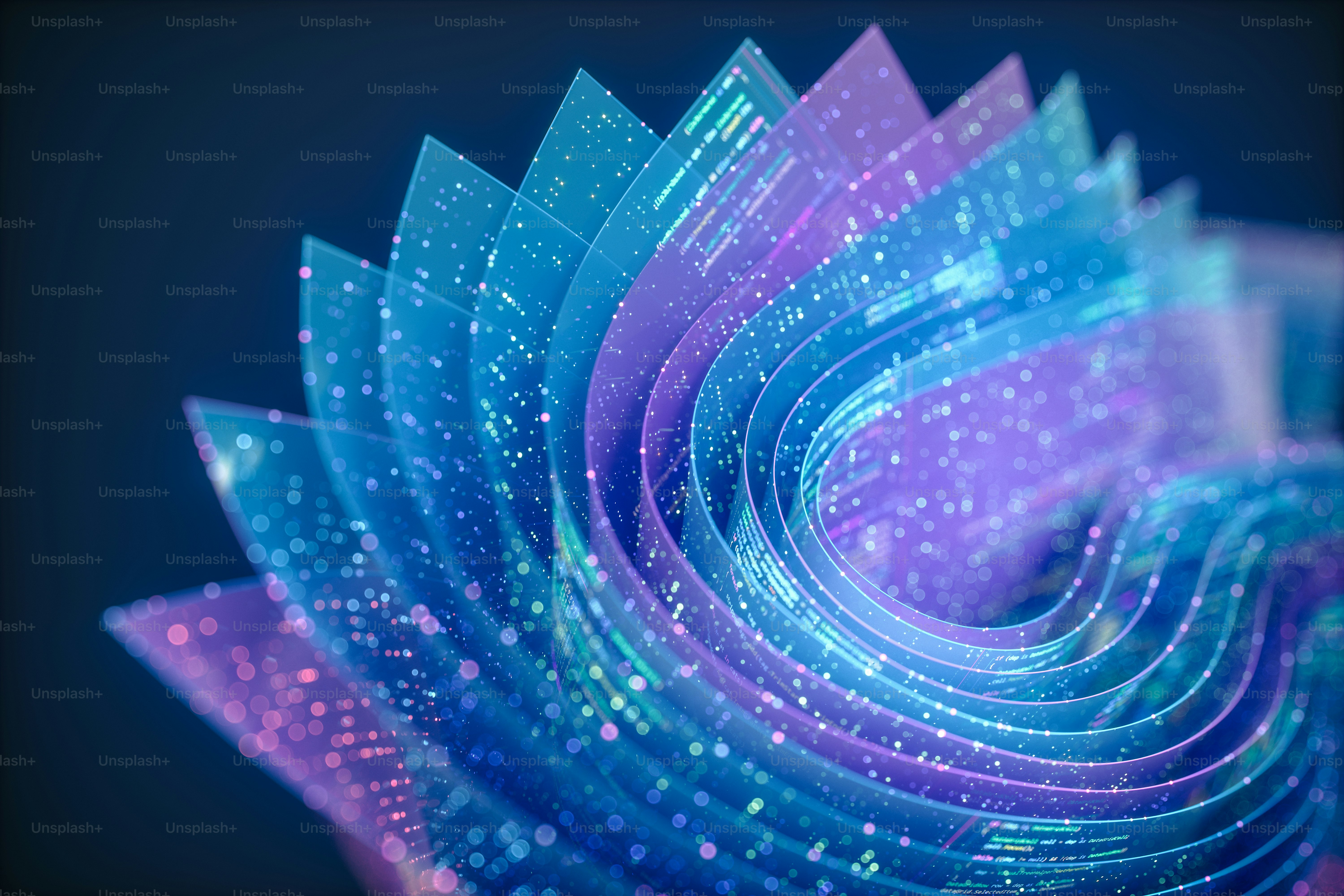Layered transparent sheets curl into a spiral, filled with data ...