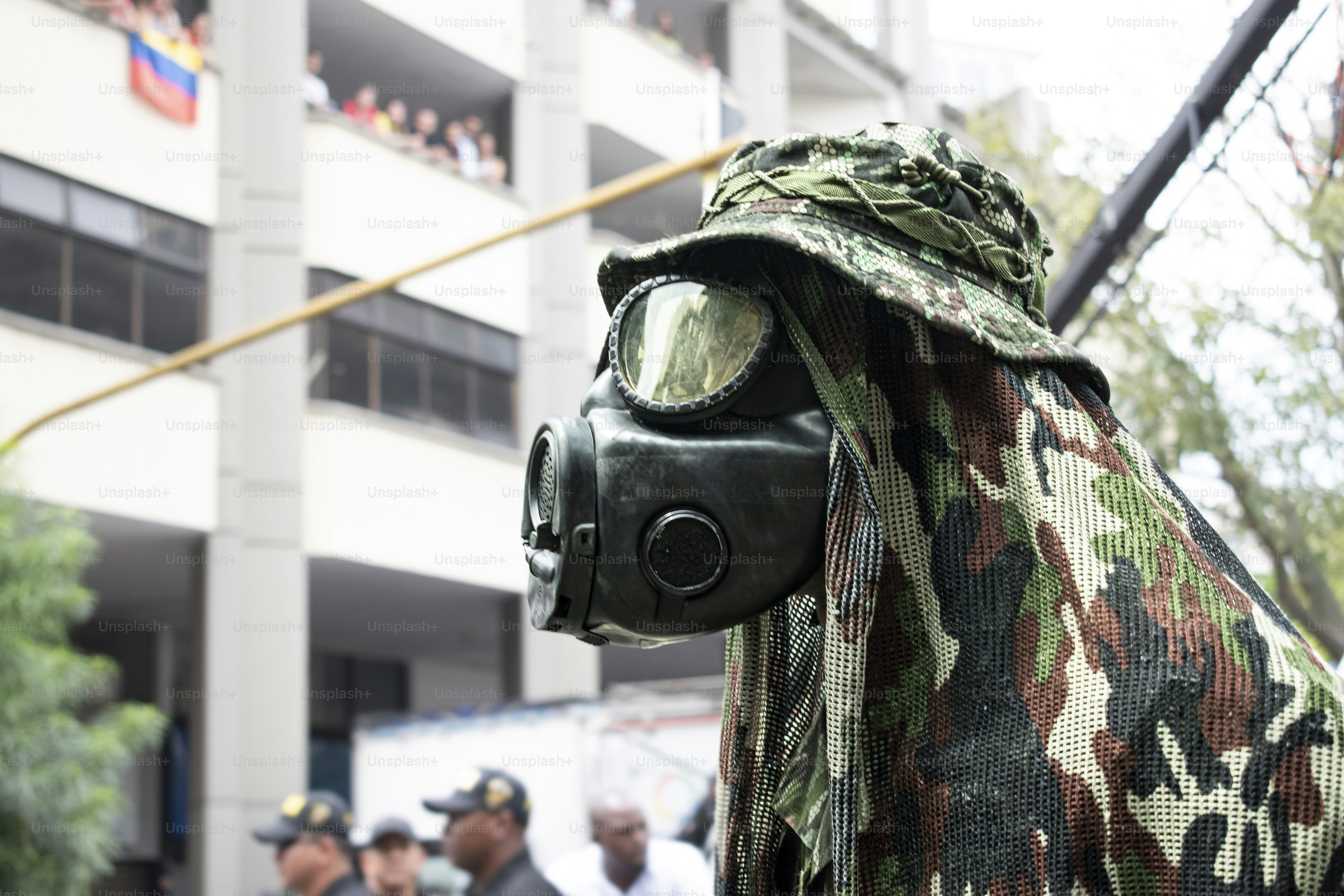 Soldier with special suit and gas mask, Military with CBRN protective gear, Armed forces training with chemical defense suit. High quality photo