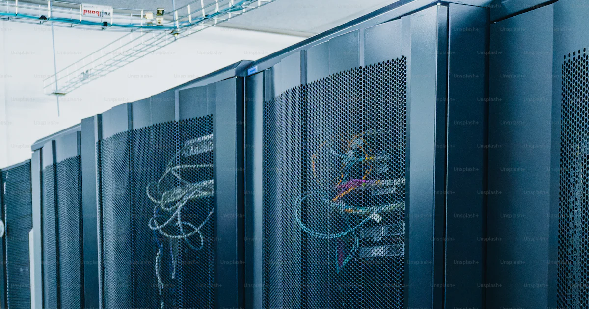 Dark server room with rows of racks