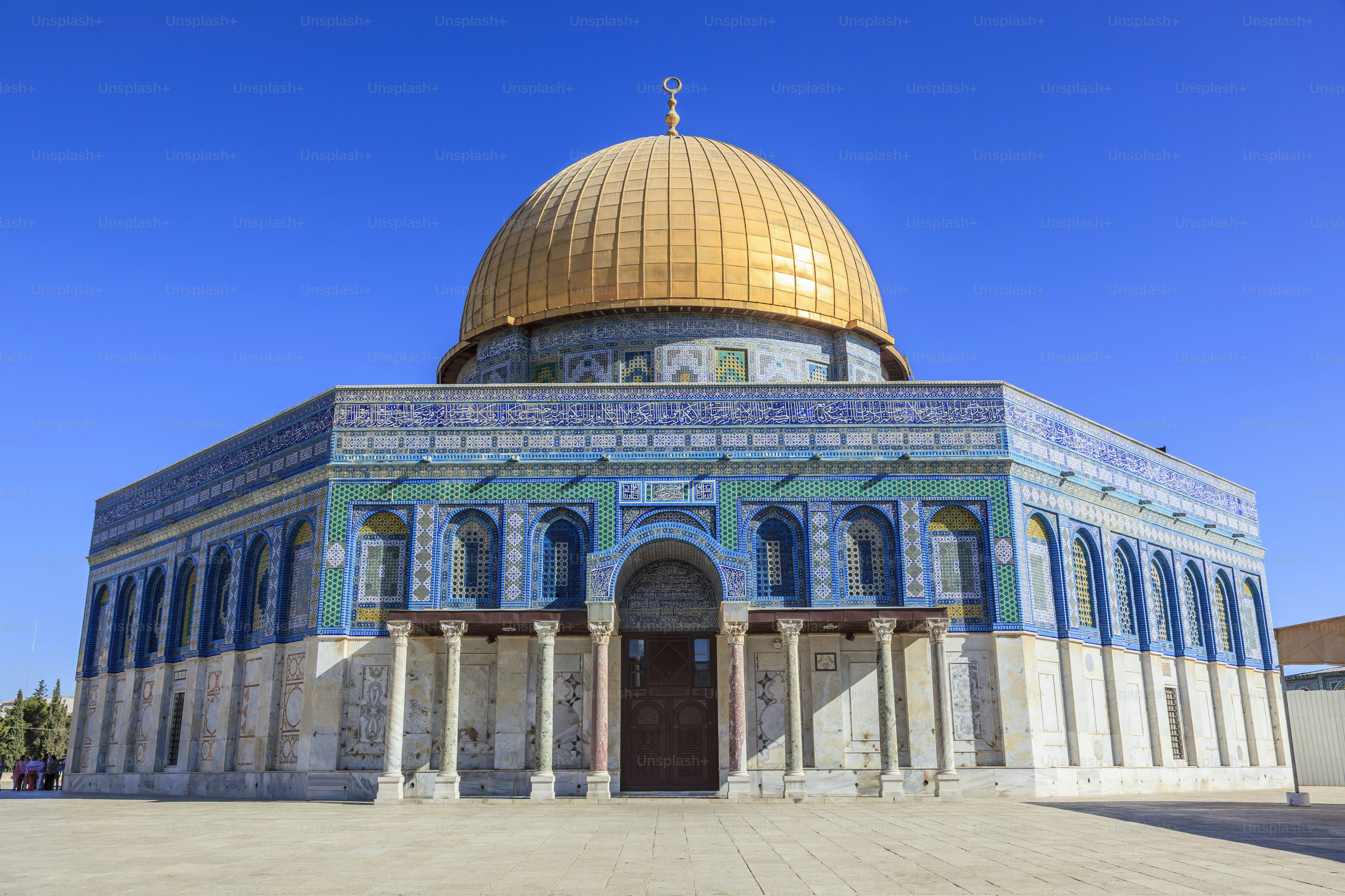 The Dome of the Rock on the Temple Mount in Jerusalem’s Old City is an Islamic holy site known for its golden dome.