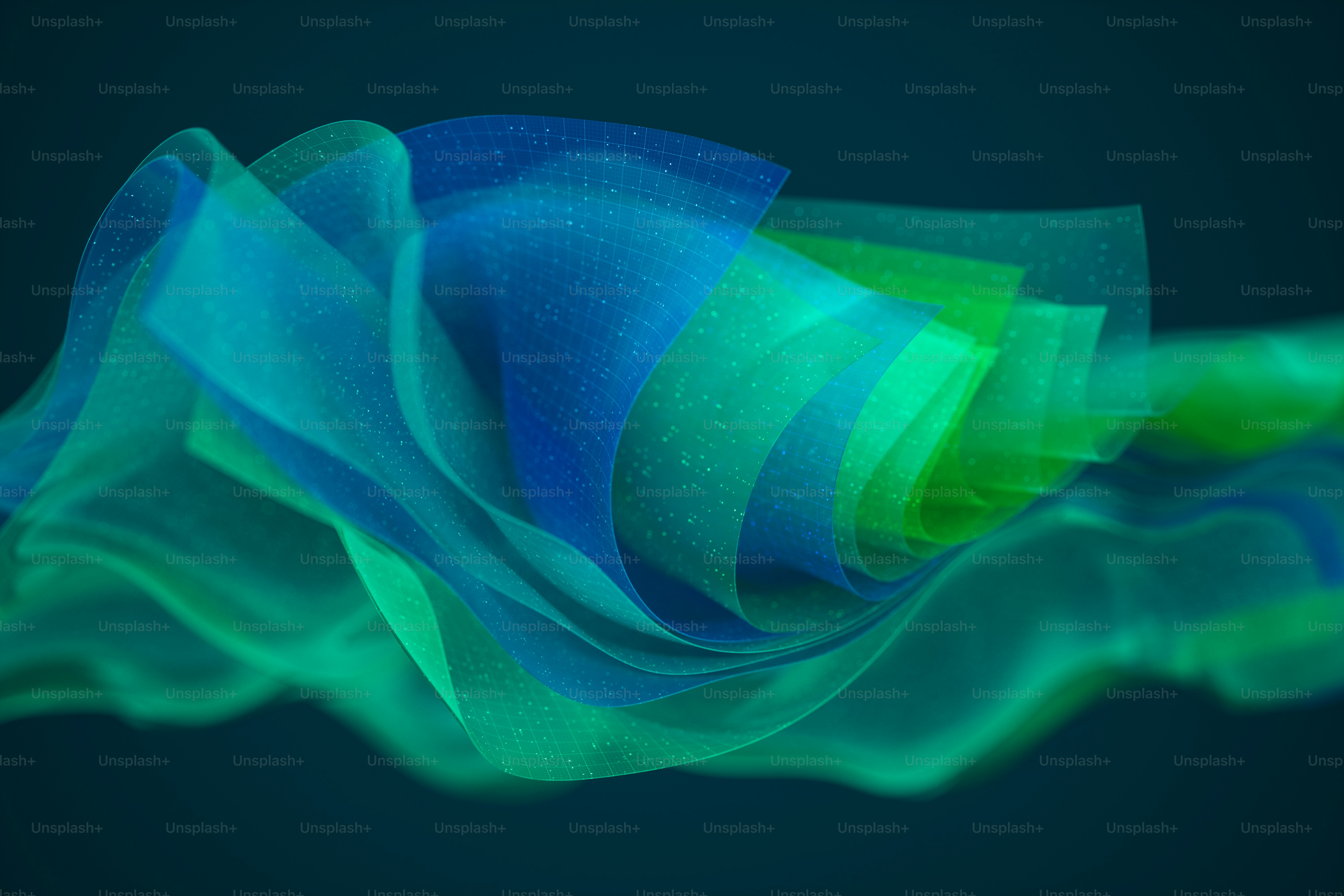 Abstrakter Hintergrund mit fließenden, transparenten Schichten in Blau- und Grüntönen. Wellenförmige Formen mit einem subtilen Rastermuster und leuchtenden Partikeln erzeugen ein Gefühl digitaler Bewegung.