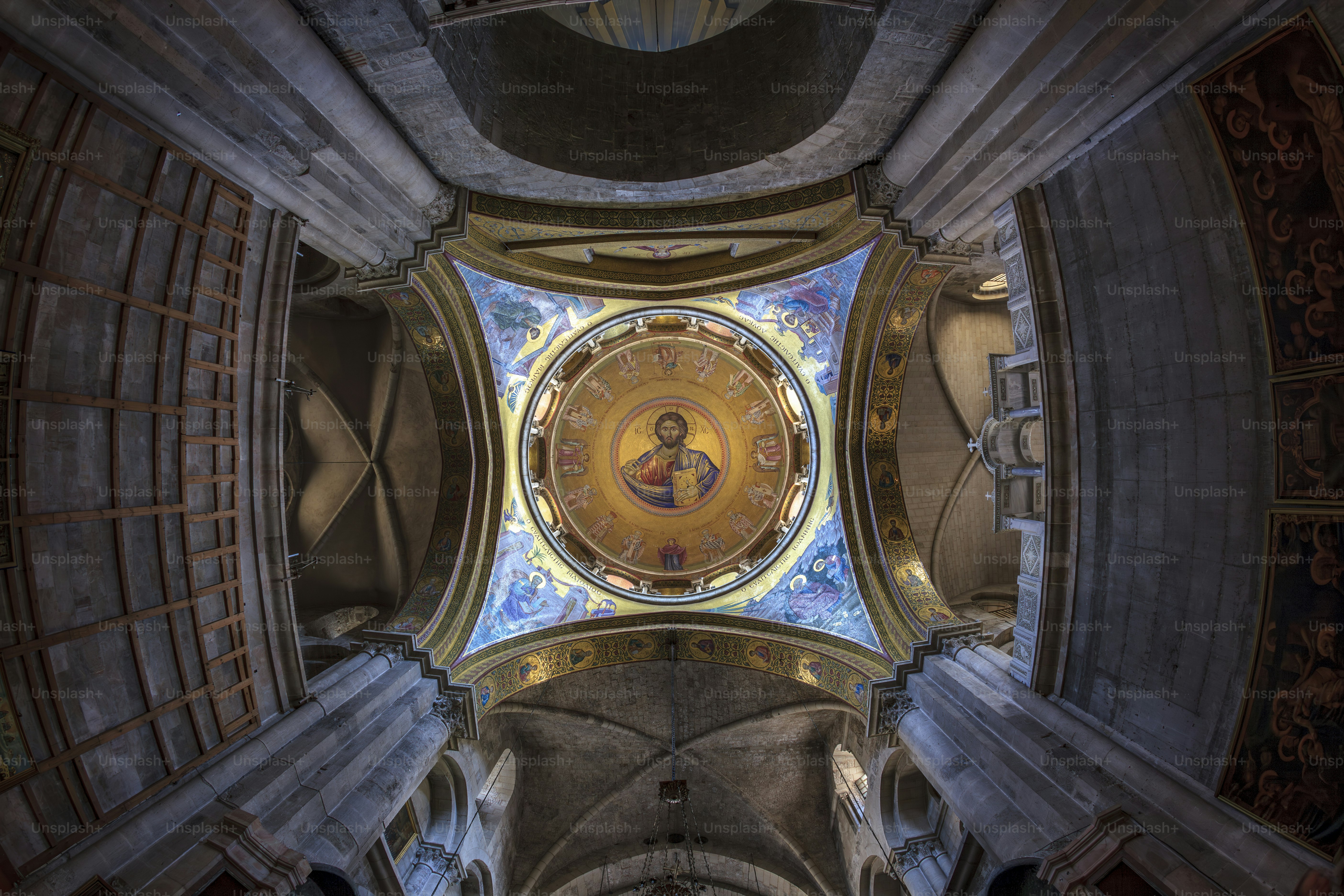 Inside the dome above the rotunda of the Church of the Holy Sepulchre is a fresco depicting the ascended Christ.