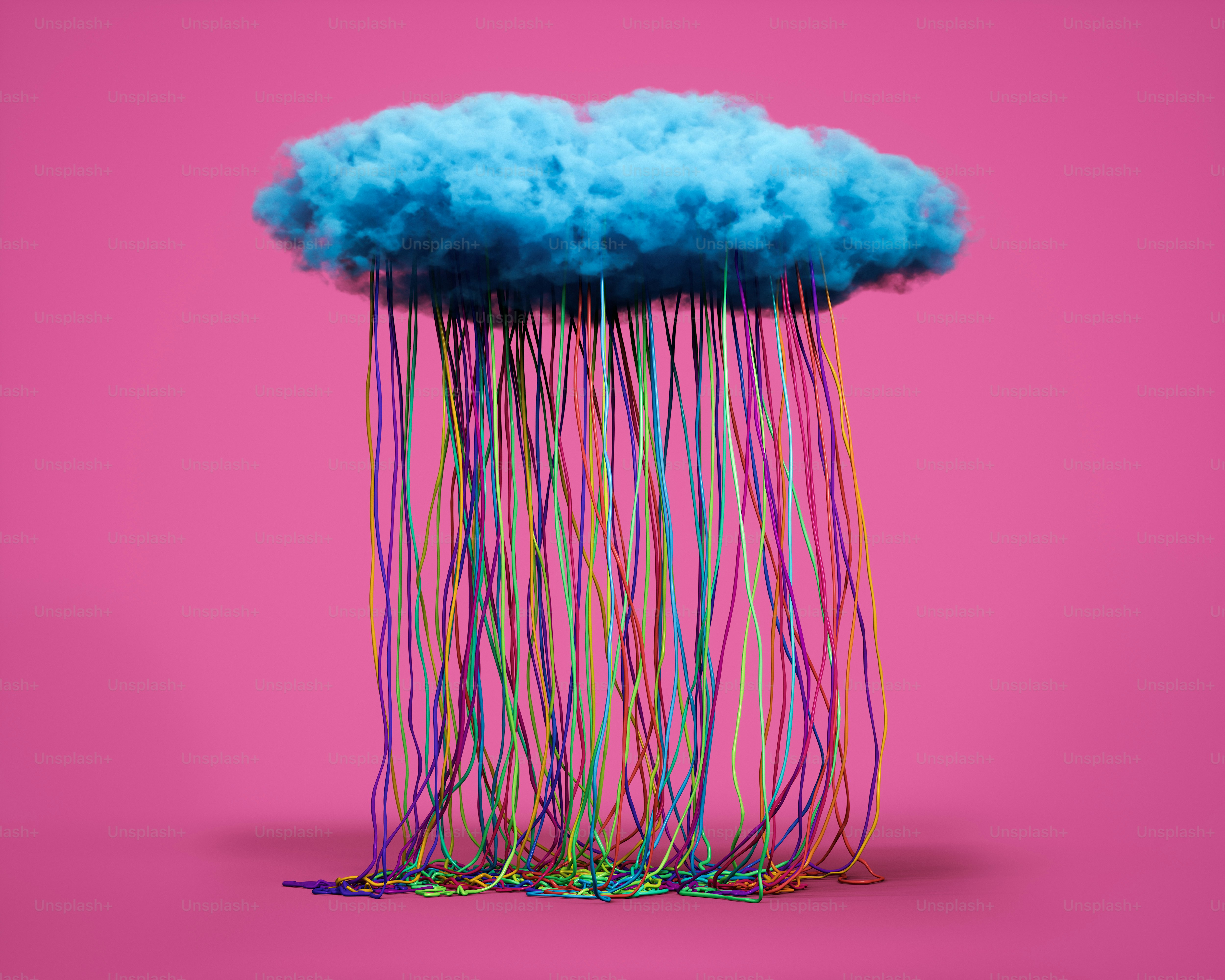 A fluffy blue cloud suspended in mid-air, from which multicolored strings cascade down like whimsical rain.