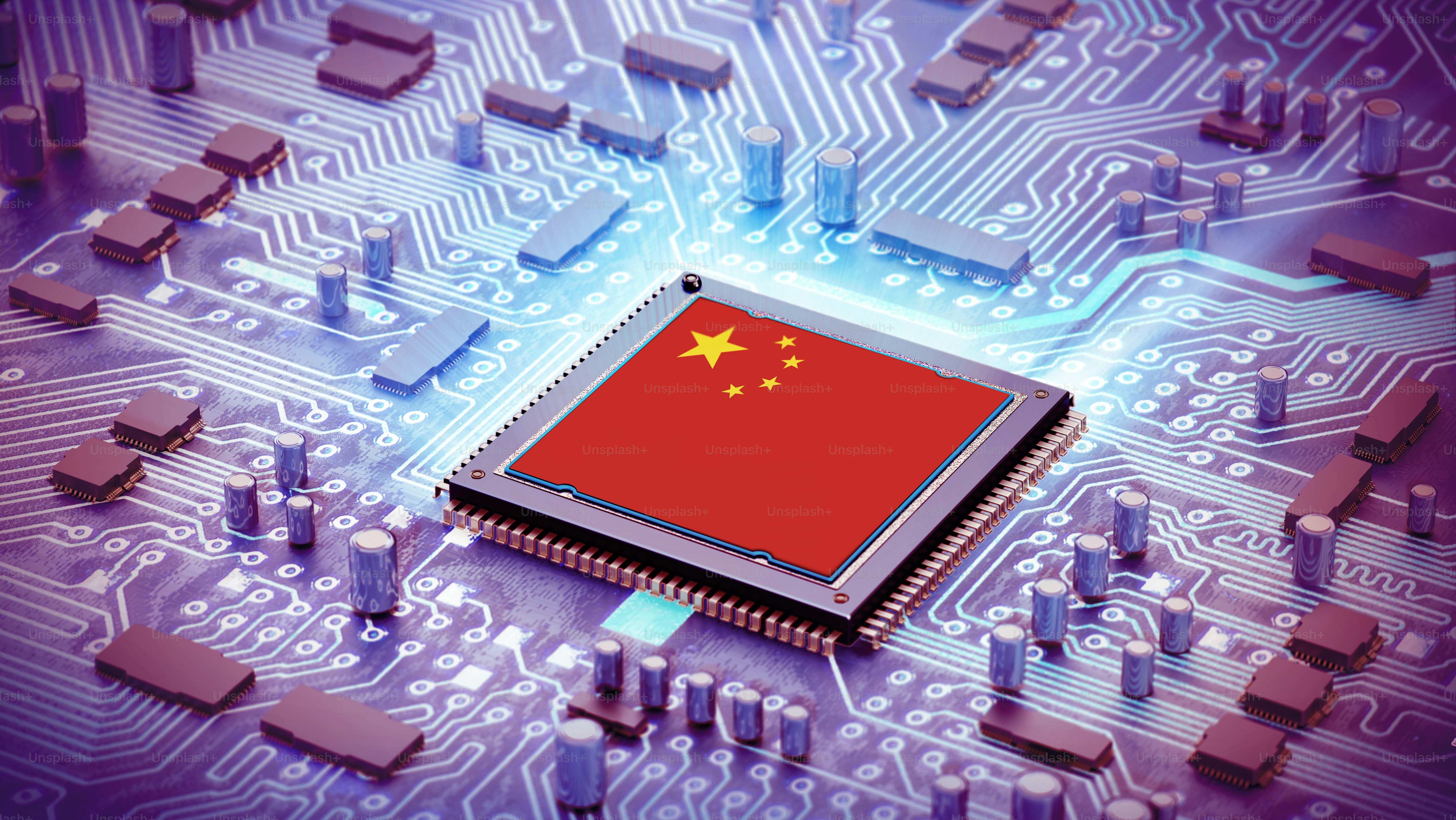 Chinese microchip with the Chinese flag and star symbols, representing advances in technology and national identity in the electronics sector installed on a mot