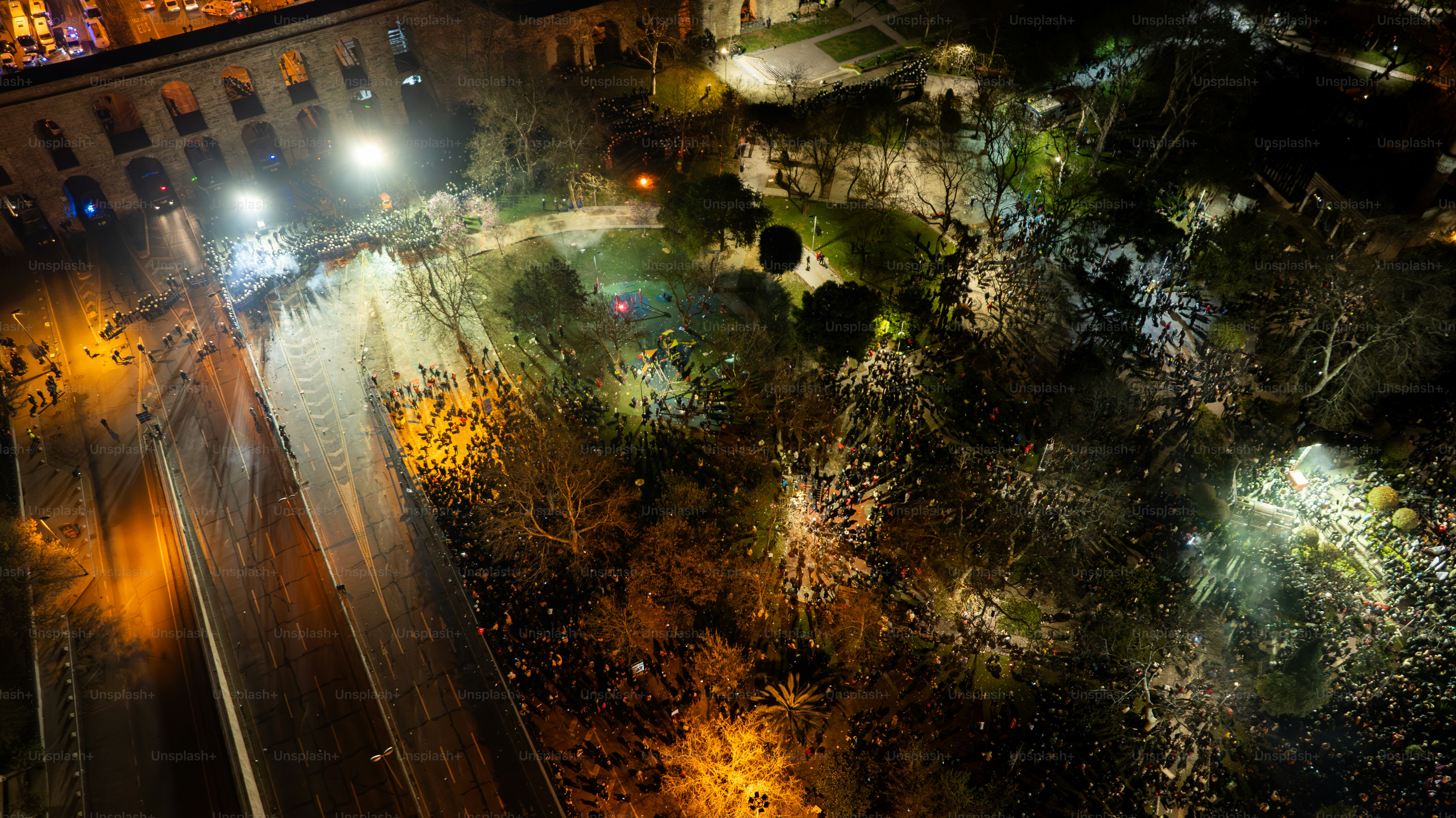 Thousands of people protest against the arrest of Ekram Imamoğlu in front of the Istanbul Metropolitan Municipality in Sarachan on March 20, 2025 in ıstanbul, Türkiye. Drone.