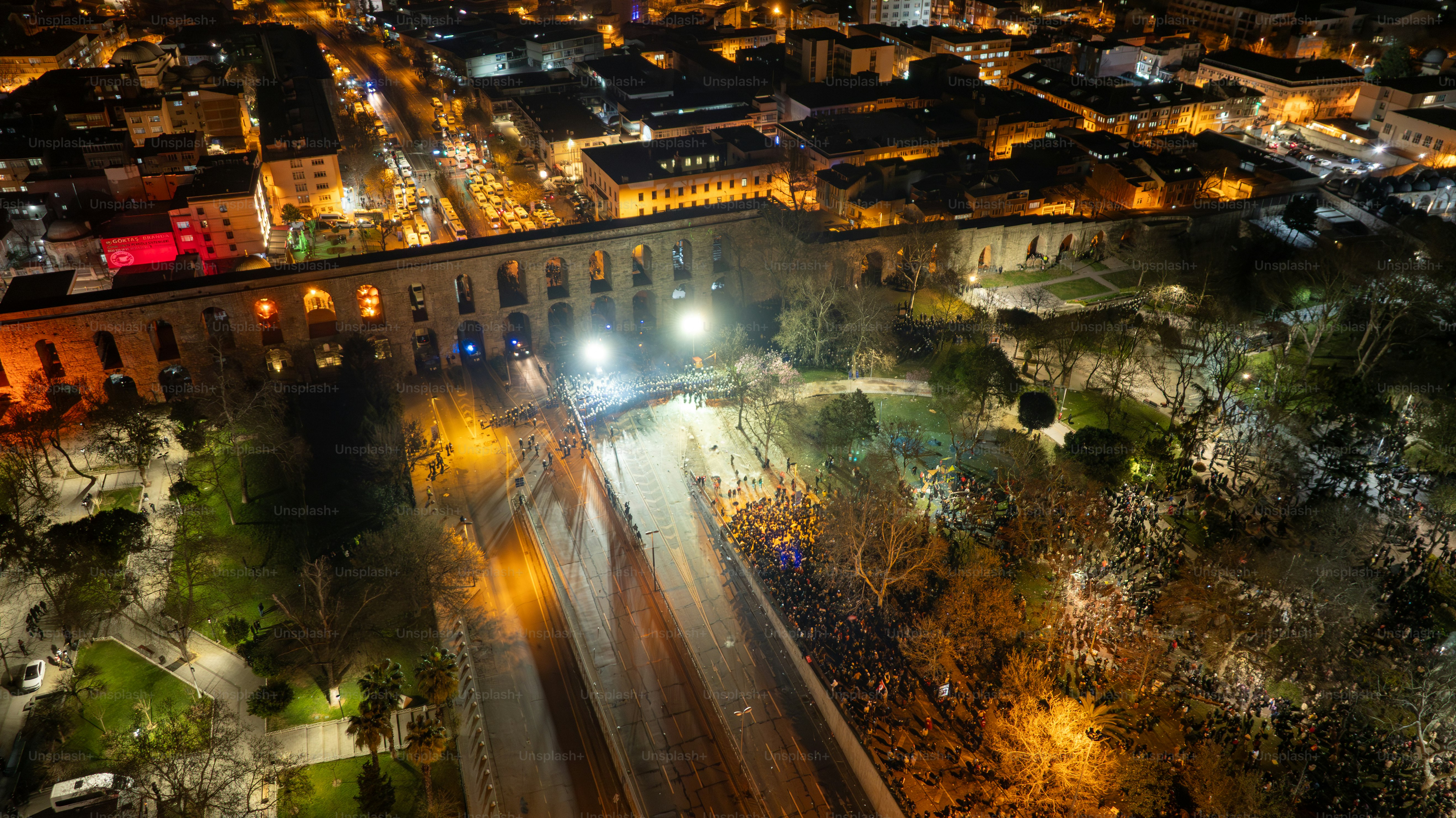 Thousands of people protest against the arrest of Ekram Imamoğlu in front of the Istanbul Metropolitan Municipality in Sarachan on March 20, 2025 in ıstanbul, Türkiye. Drone.