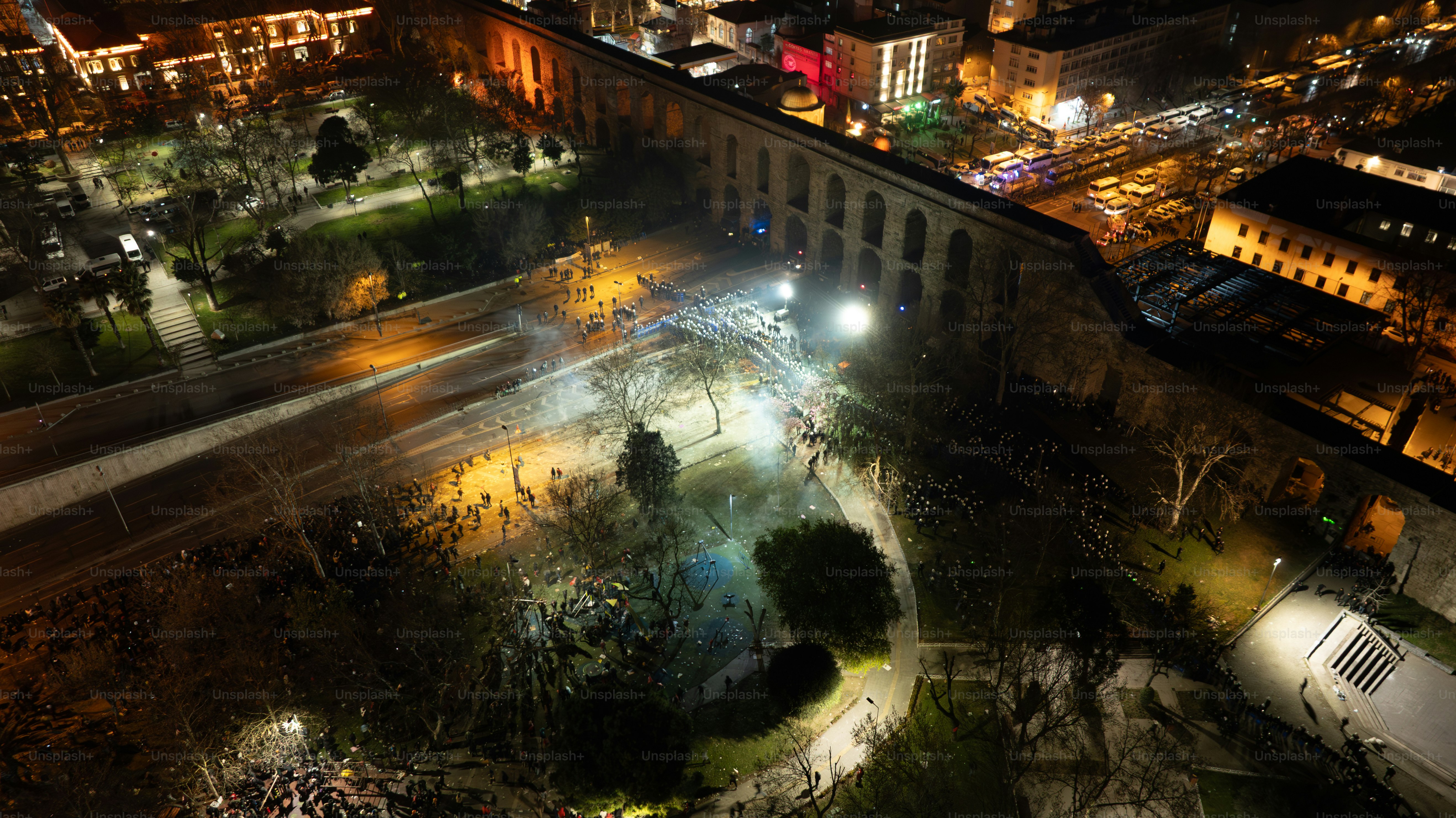 Thousands of people protest against the arrest of Ekram Imamoğlu in front of the Istanbul Metropolitan Municipality in Sarachan on March 20, 2025 in ıstanbul, Türkiye. Drone.