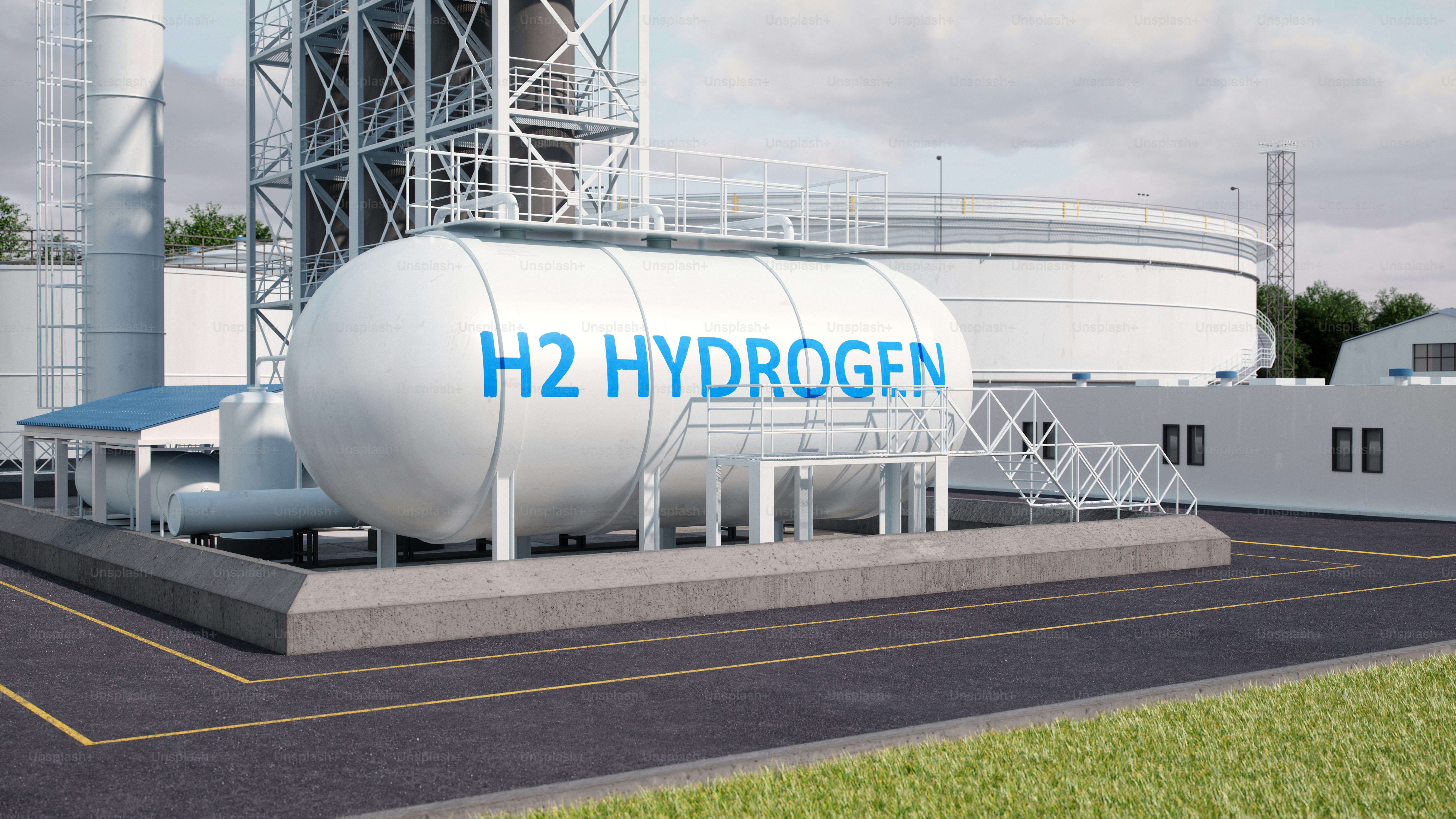 Large white hydrogen storage tank marked H2