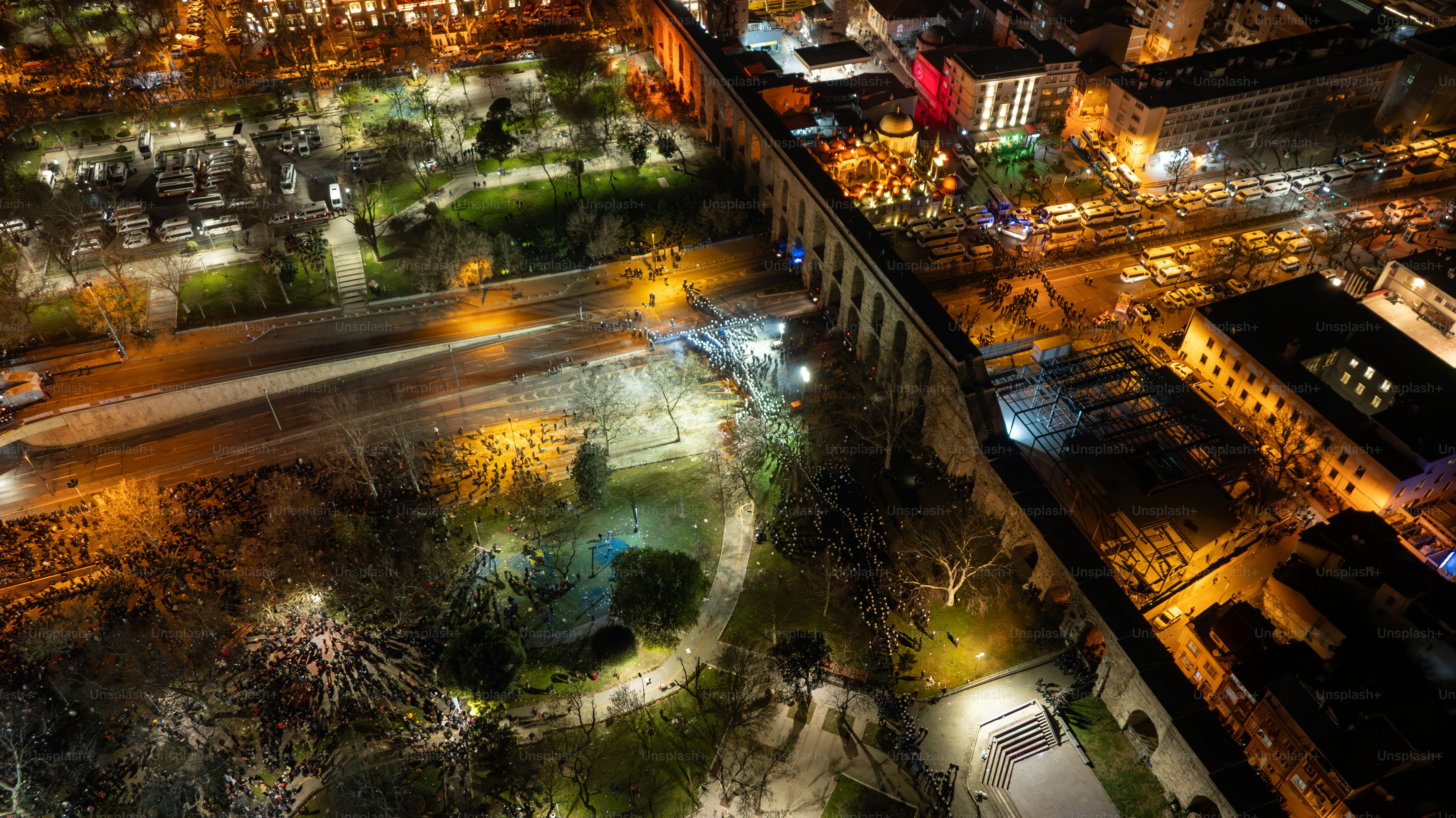 Thousands of people protest against the arrest of Ekram Imamoğlu in front of the Istanbul Metropolitan Municipality in Sarachan on March 20, 2025 in ıstanbul, Türkiye. Drone.