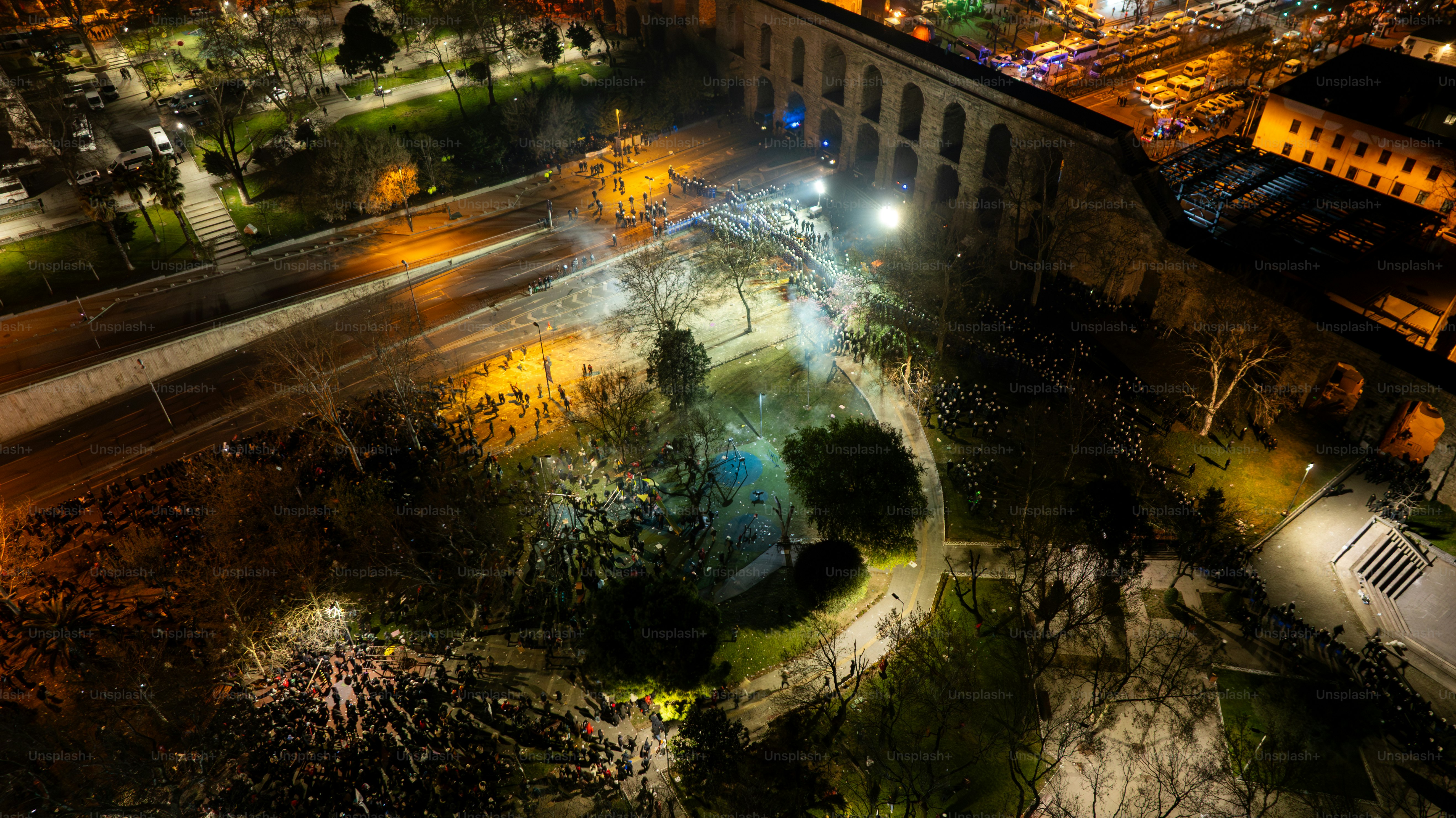 Thousands of people protest against the arrest of Ekram Imamoğlu in front of the Istanbul Metropolitan Municipality in Sarachan on March 20, 2025 in ıstanbul, Türkiye. Drone.