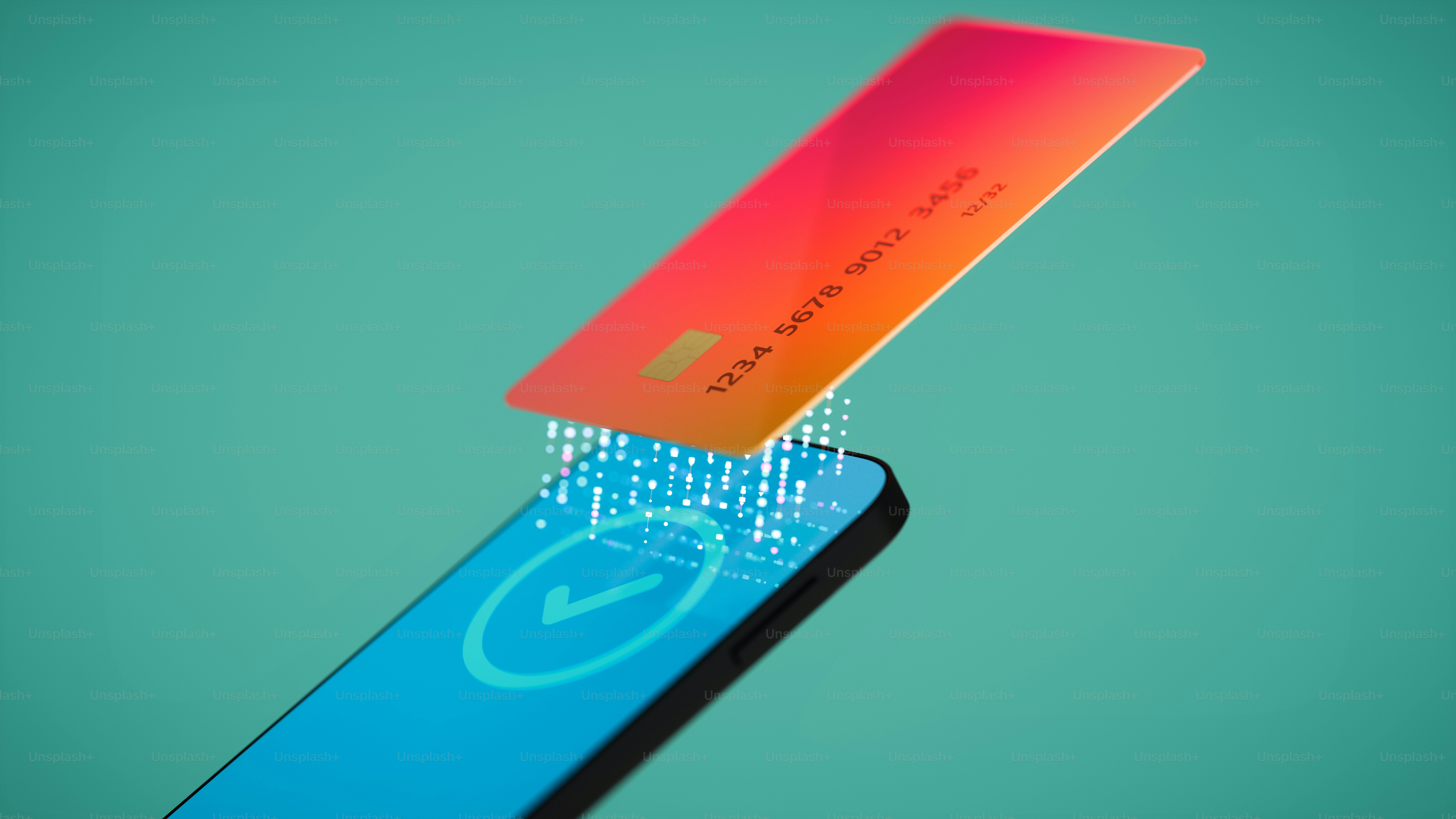 3D render of a financial transaction using near field communication (NFC) between a smartphone and a credit card.