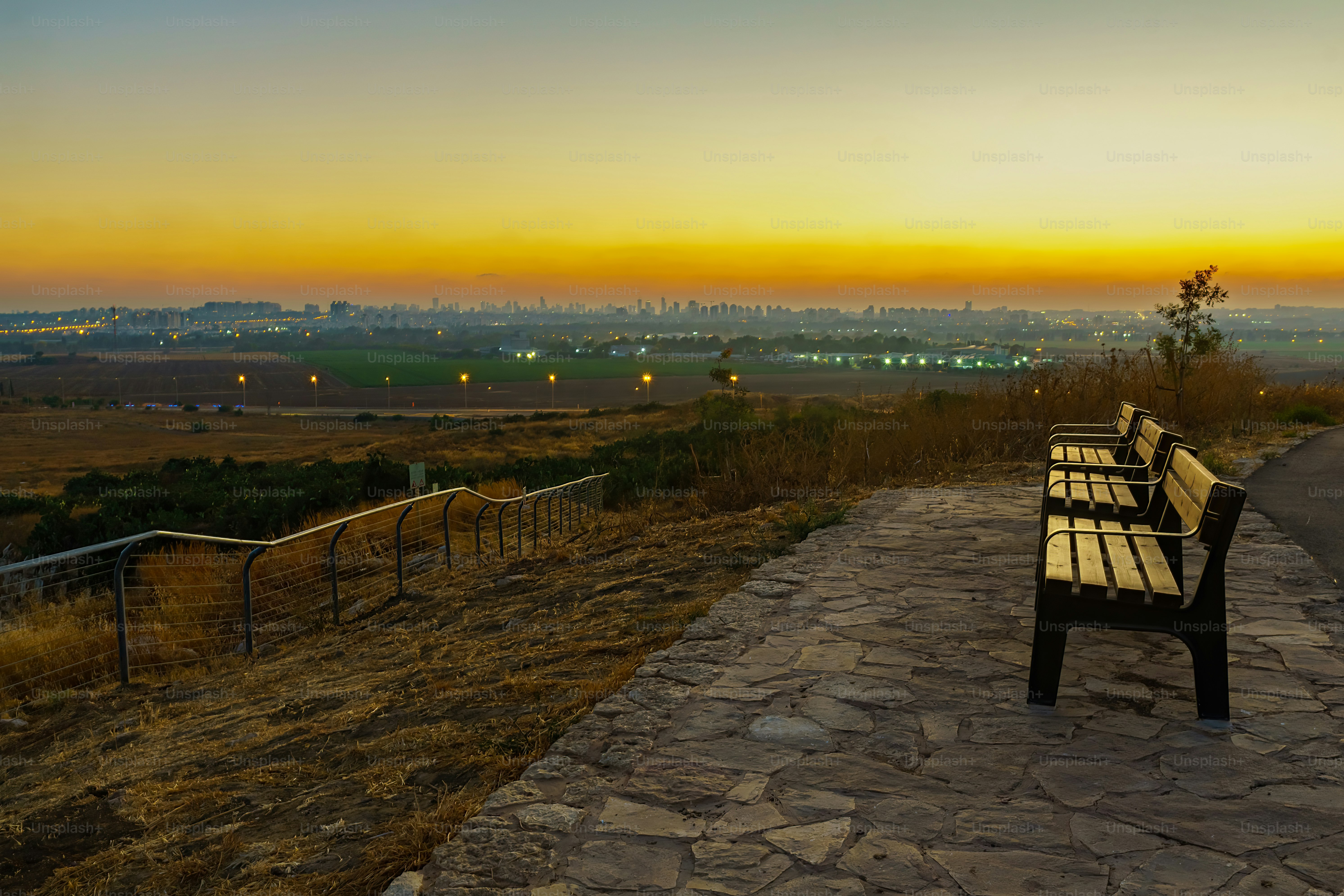 Sunset view from the trail towards Gush Dan (the urban area of Petah Tikva and Tel-Aviv), in Migdal Tsedek National Park, central Israel