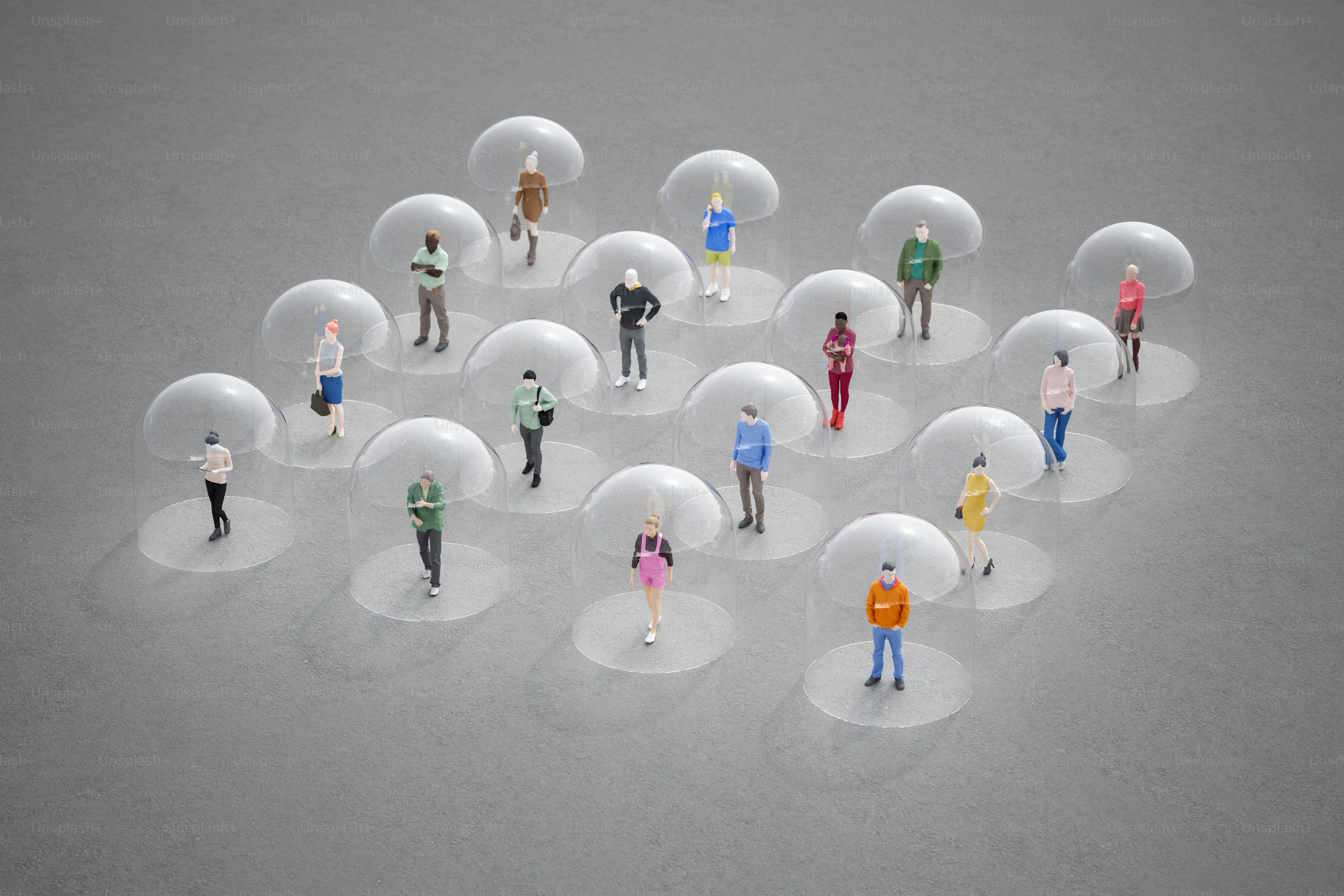 3D low poly people isolated in glass domes.