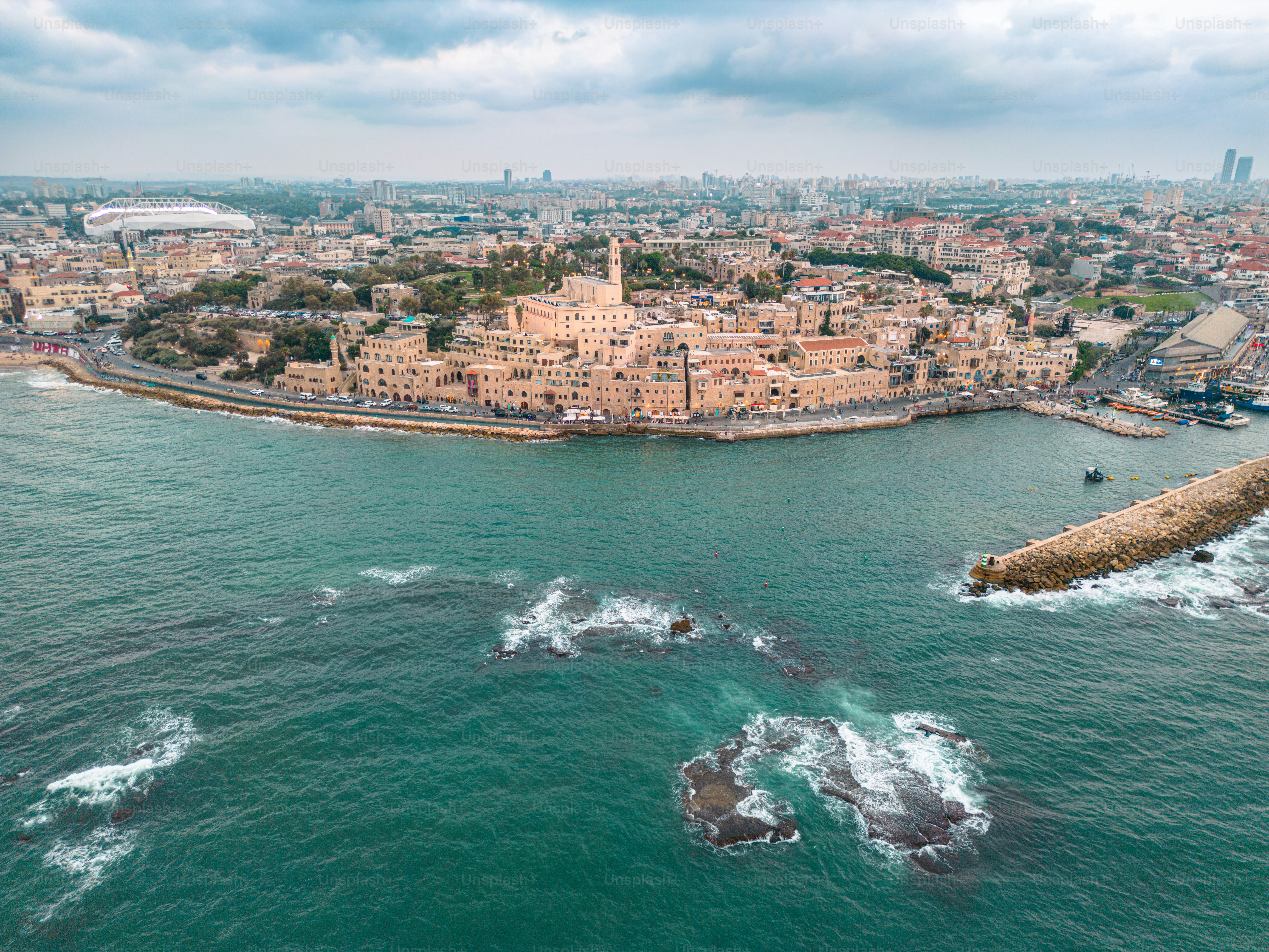 Aerial panoramic photo of the waterfront of Tel Aviv - Yafo  at afternoon and dusk in summer