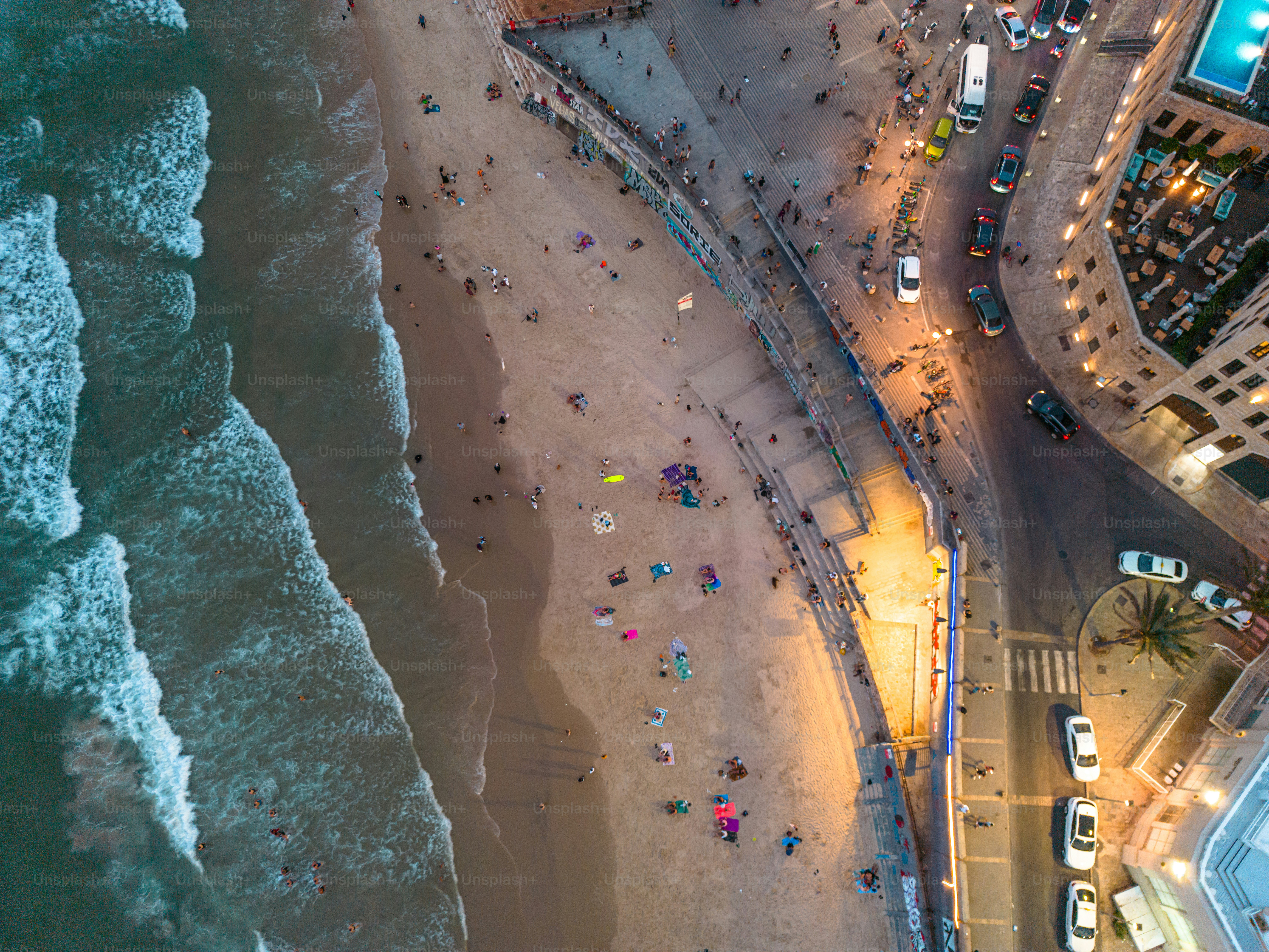 Aerial panoramic photo of the waterfront of Tel Aviv - Yafo  at afternoon and dusk in summer