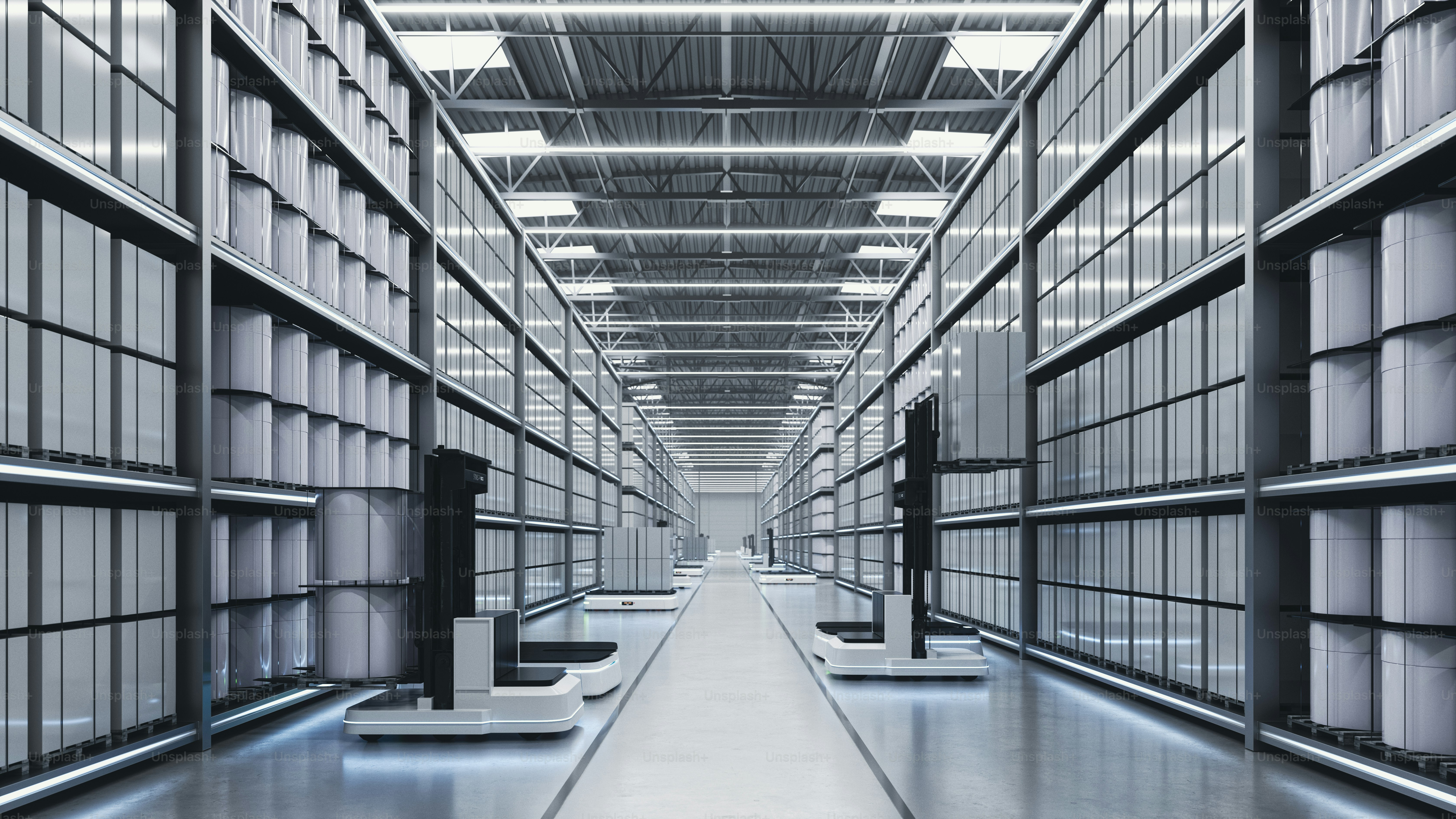 Robotics and AI technology seamlessly collaborate in a smart warehouse, optimizing efficiency and transforming the way logistics are handled.